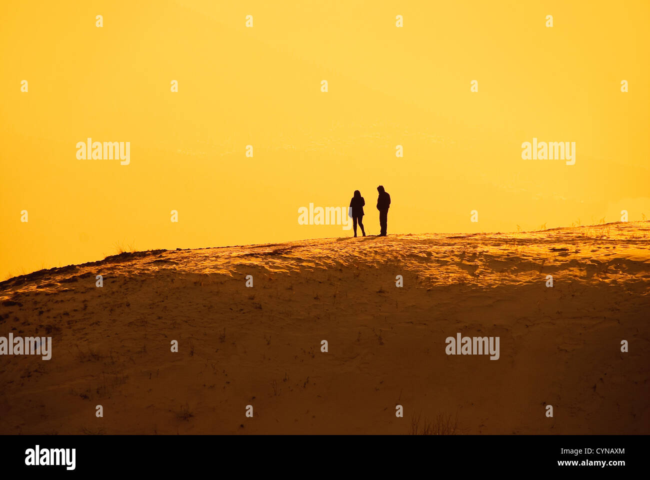 solitude, silhouettes of a man and a woman standing on the hill and ...