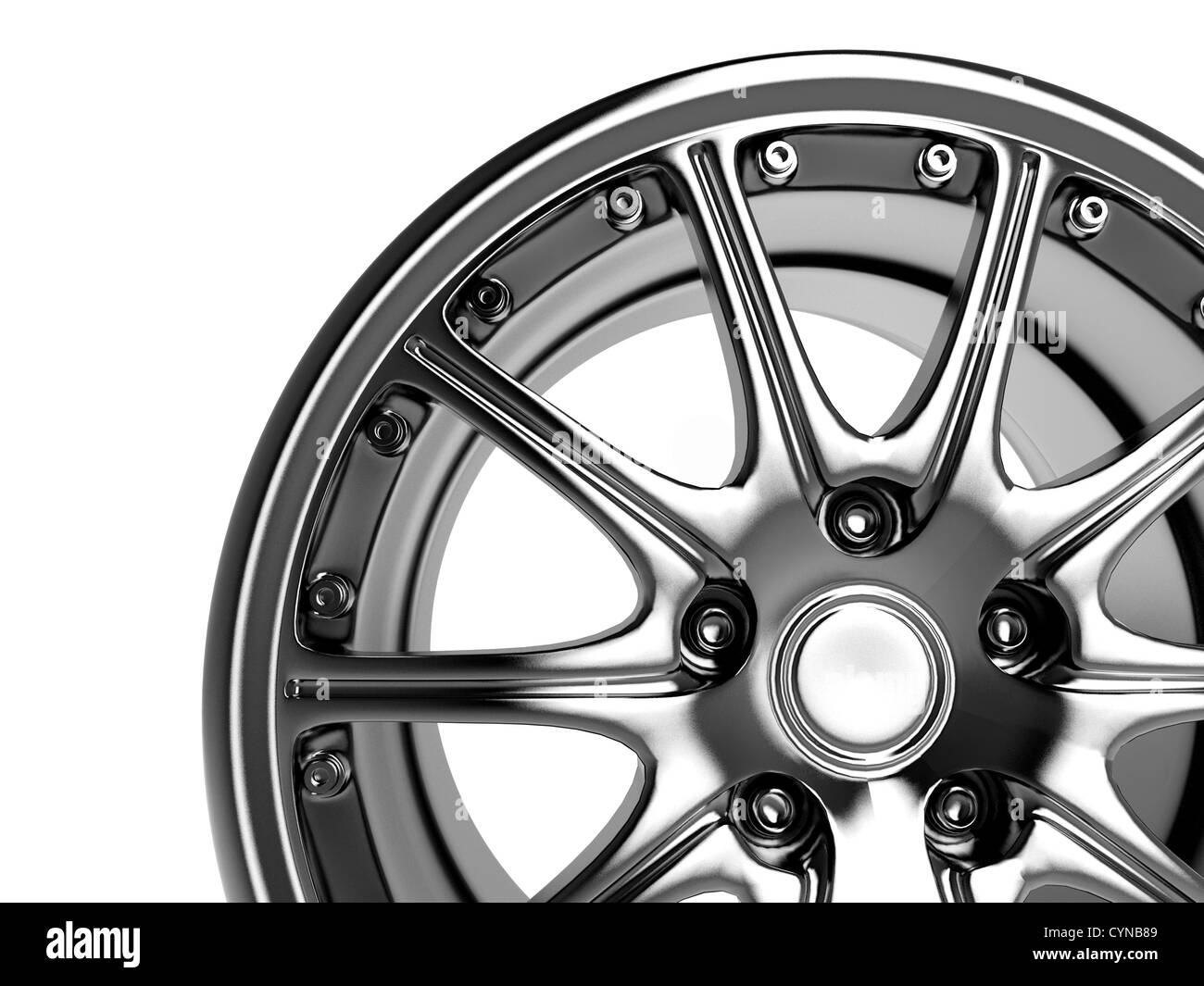 close up rendering part of chrome car rim (3d) Stock Photo