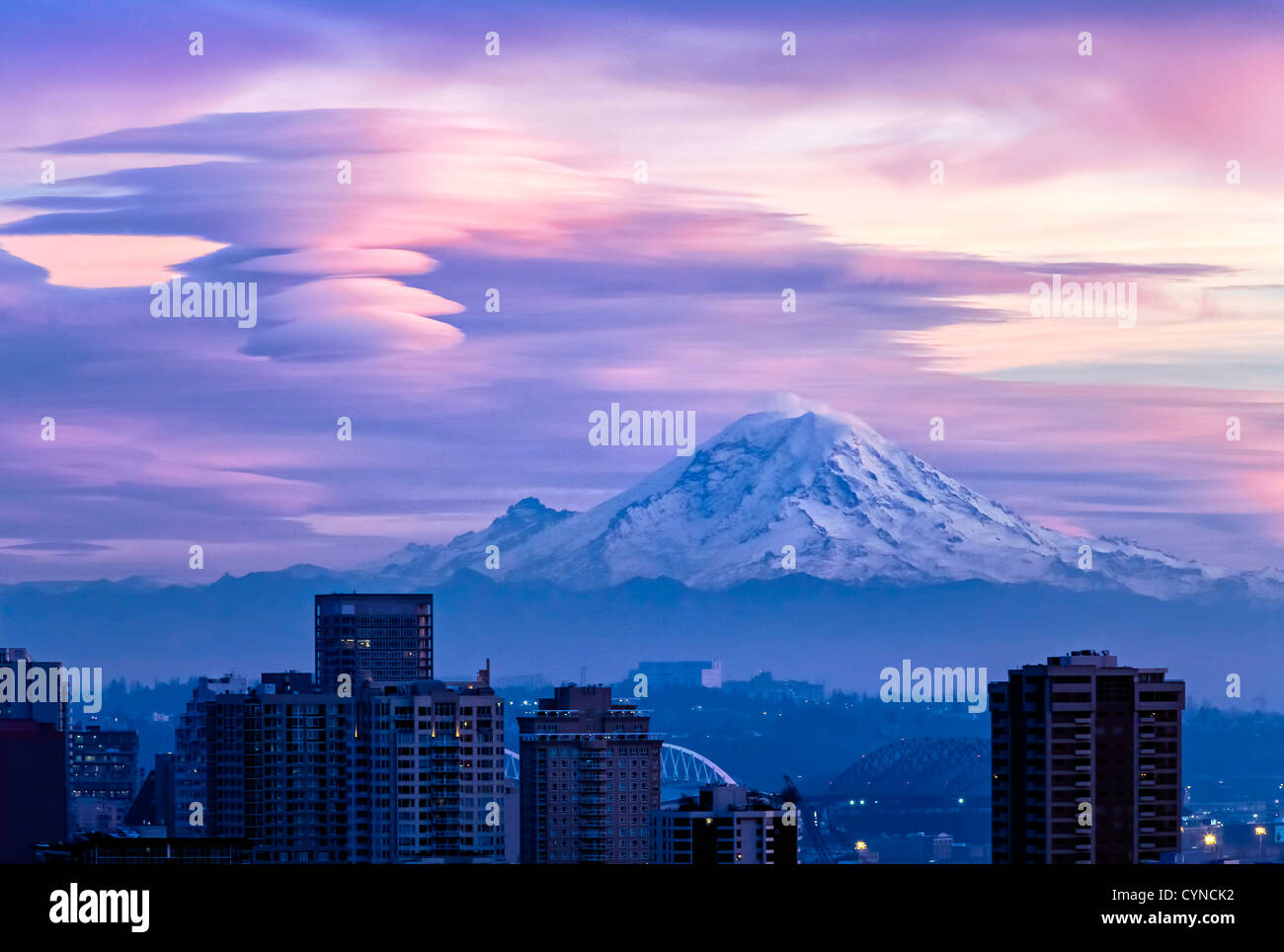 Seattle and Mount Rainier. Stock Photo