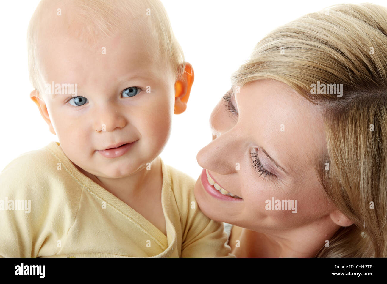 Bright closeup portrait of adorable baby boy and his mom Stock Photo ...