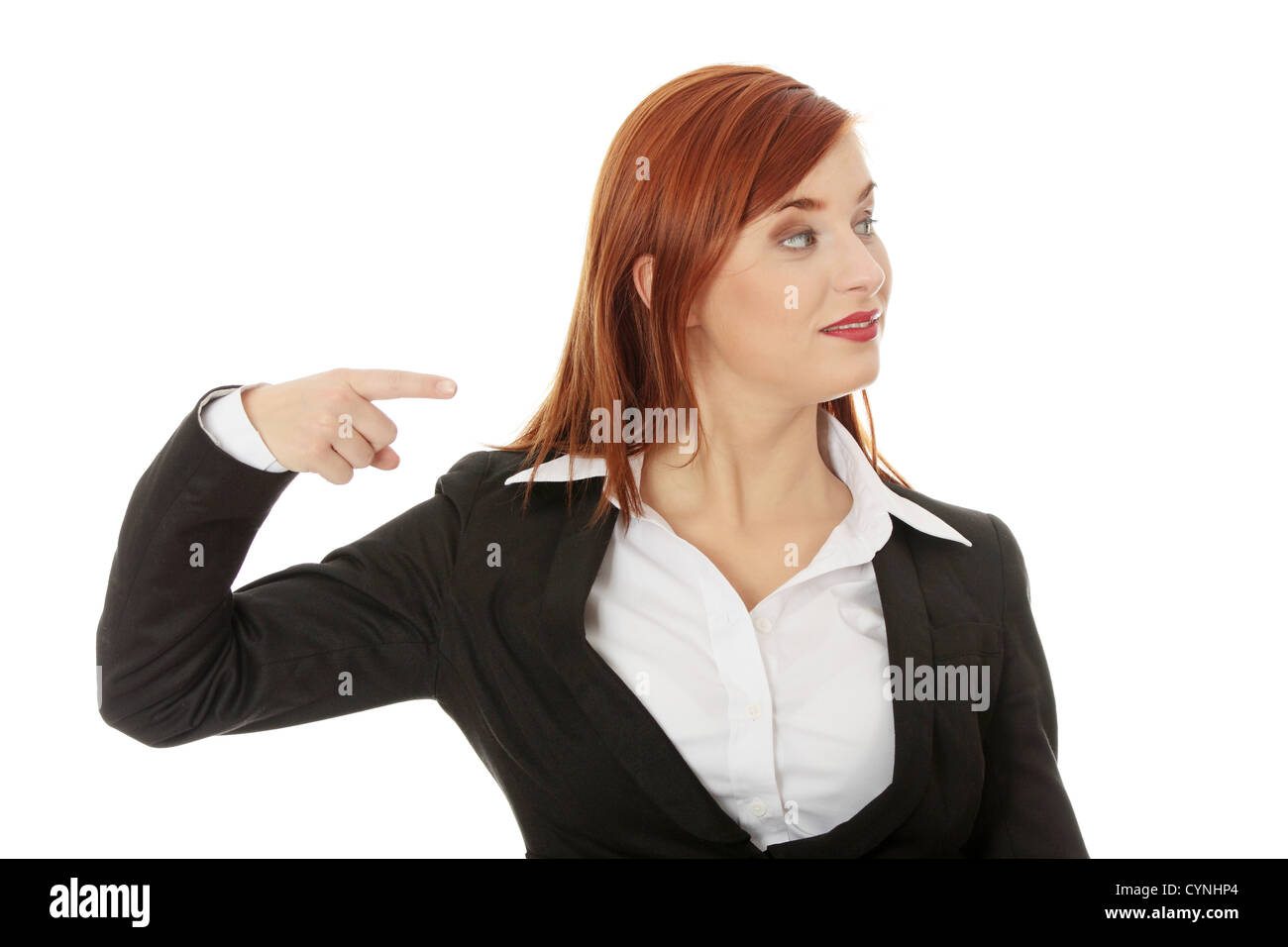 Pointing In Direction Young happy businesswoman pointing direction, isolated on white Stock ...