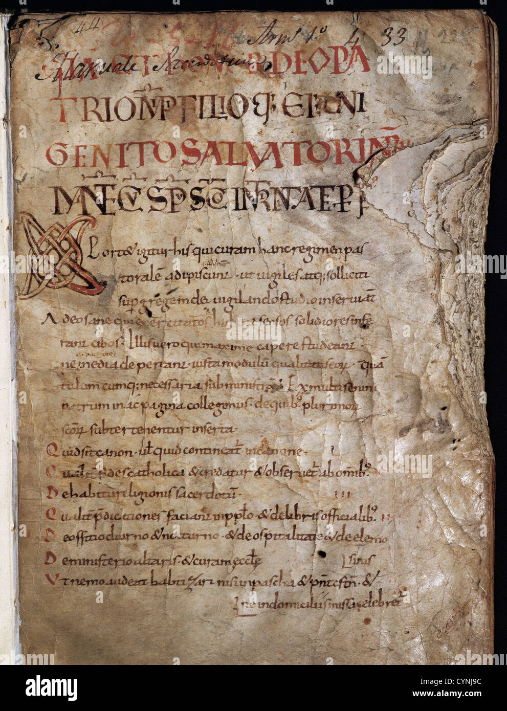 Miscellaneous Codex. 11th century. Carolingian letter. Initial Romanesque-Byzantin, folio 1. Manuscript 228. Stock Photo