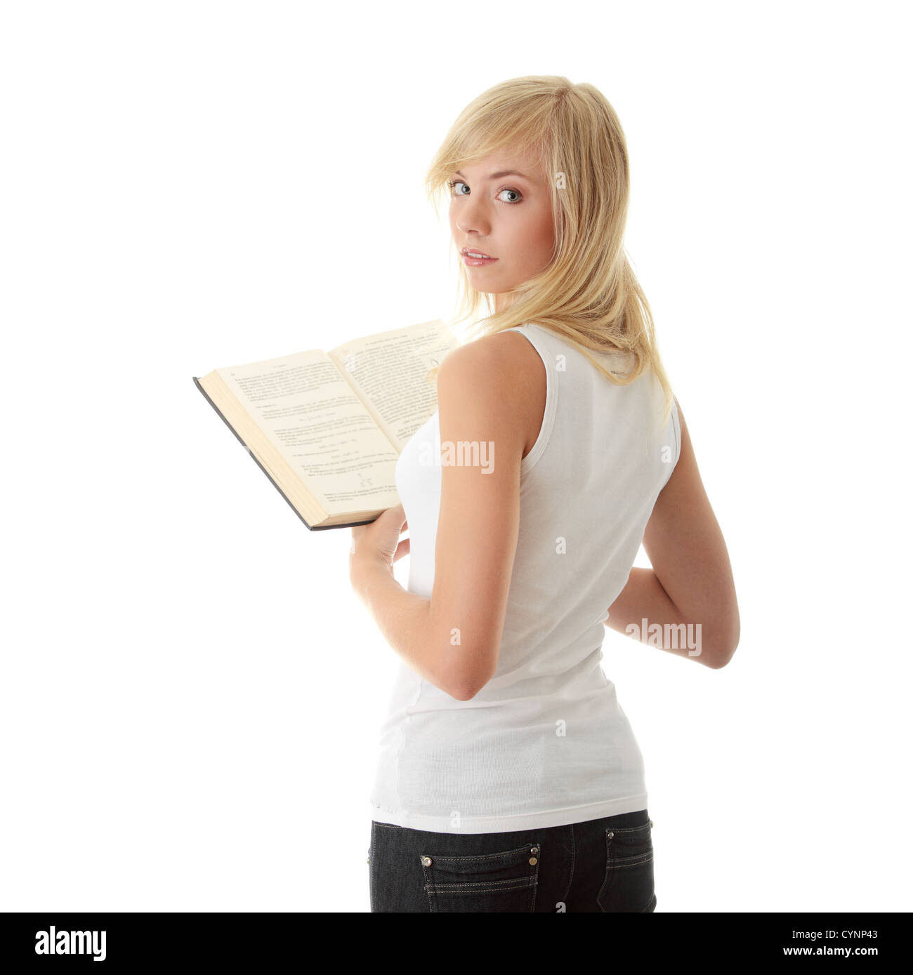Teen woman reading book , isolated on white background Stock Photo - Alamy