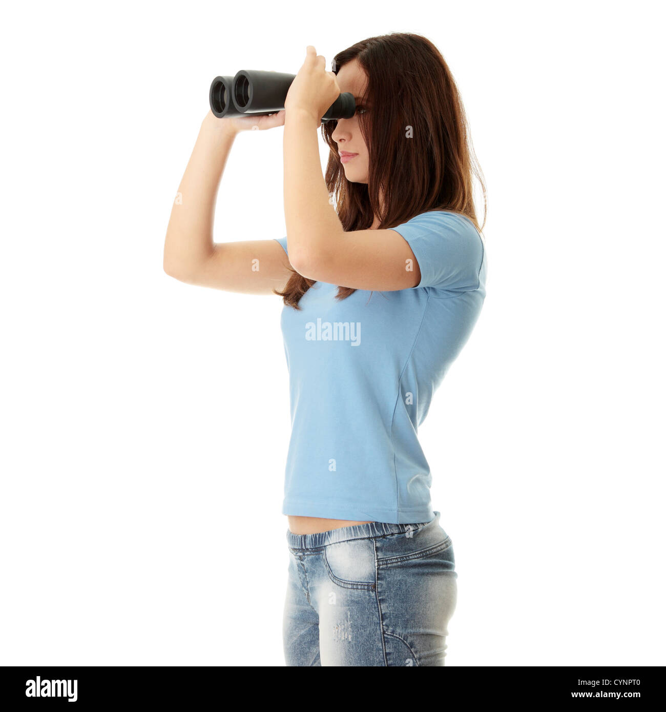 Teen girl with binocular Stock Photo Alamy