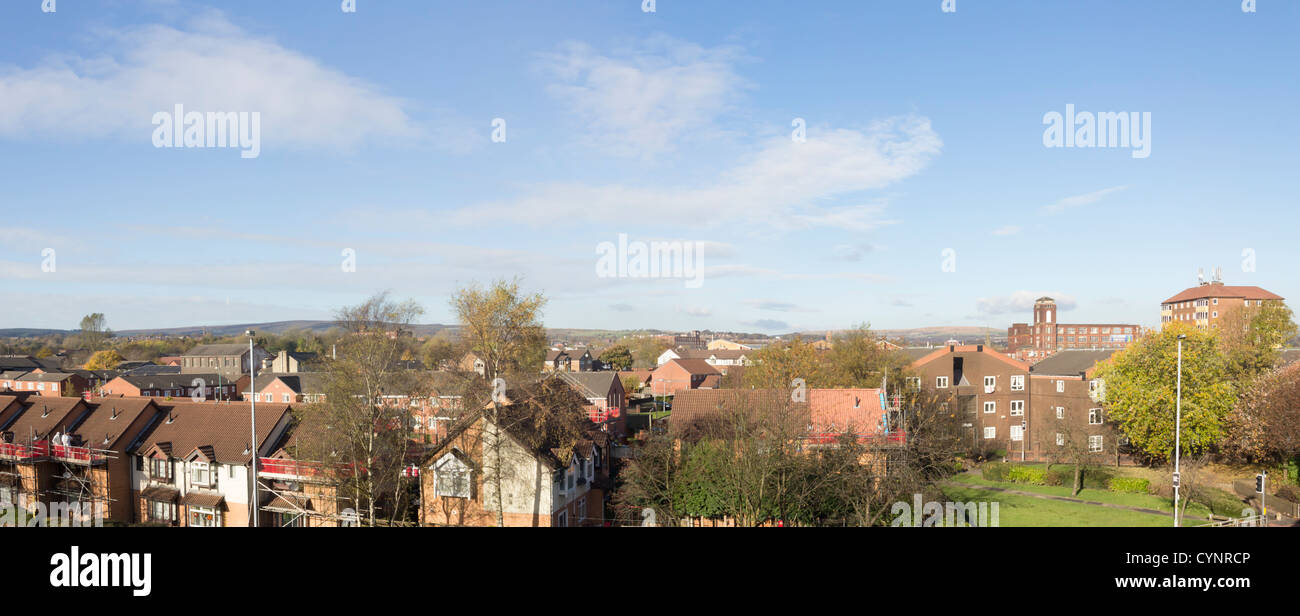 Panoramic townscape of the suburbs of north west Bolton viewed from the