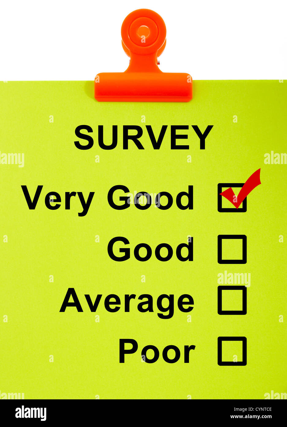 Survey On Clipboard Shows Very Good Rating Stock Photo