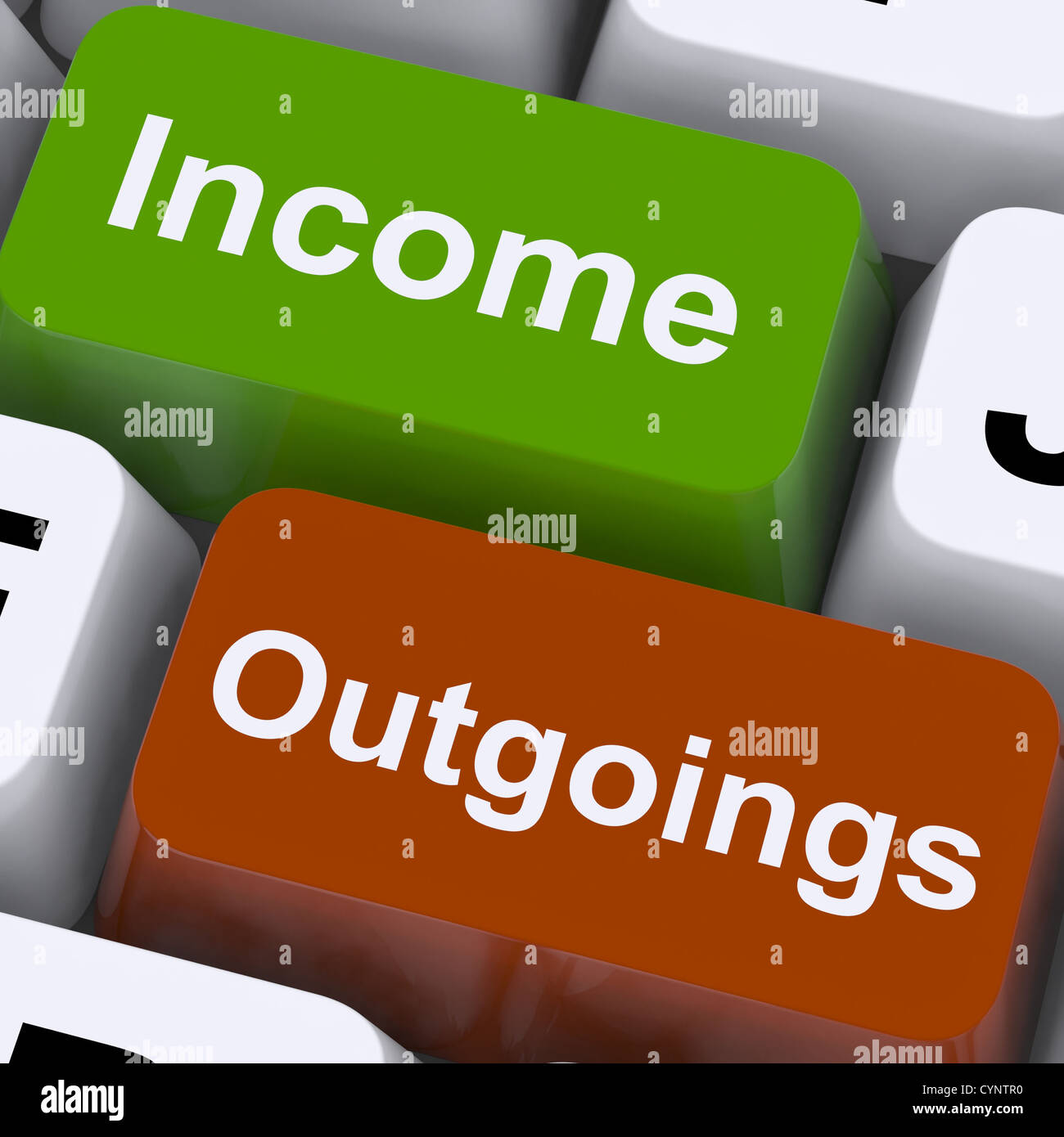 Income Outgoings Keys Showing Budgeting And Bookkeeping Stock Photo