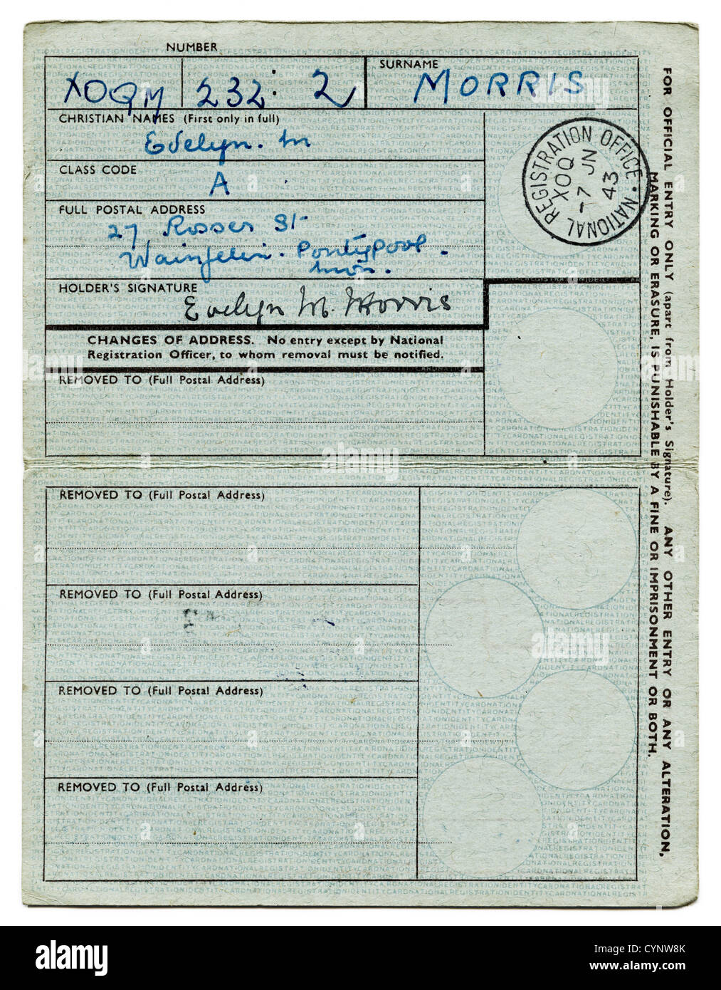 Inside pages of National Registration Identity Card from World War II circa 1943 Stock Photo