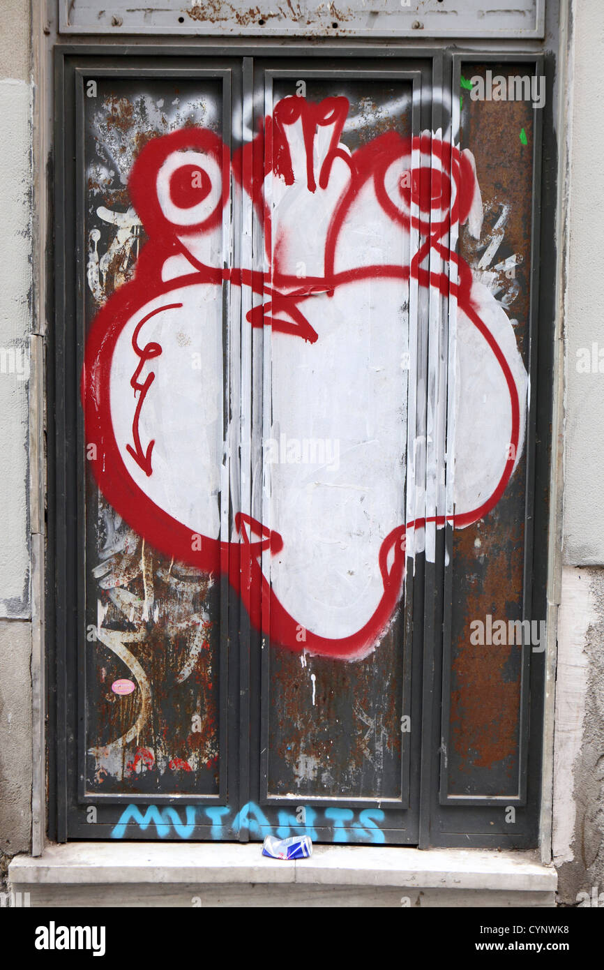 Graffiti of anatomical heart in doorway, Madrid, Spain Stock Photo