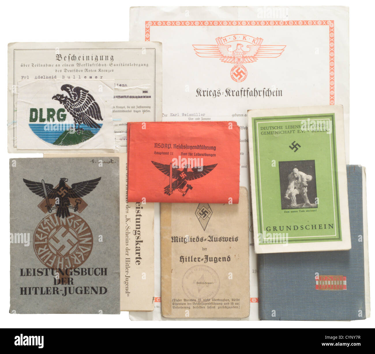 Hitler Youth / League of German Girls,German history,National Socialism,historic,historical,membership cards,certificates and driving licence of a Hitler Youth boy,League of German Girls service book,German Lifeguard Association,historic,historical,1930s,1930s,20th century,League of German Girls,Band of German Maidens,youth organization,youth organizations,NS,National Socialism,Nazism,Third Reich,German Reich,Germany,National Socialist,Nazi,Nazi period,utensil,piece of equipment,utensils,object,objects,stills,clipping,clippings,Additional-Rights-Clearences-Not Available Stock Photo