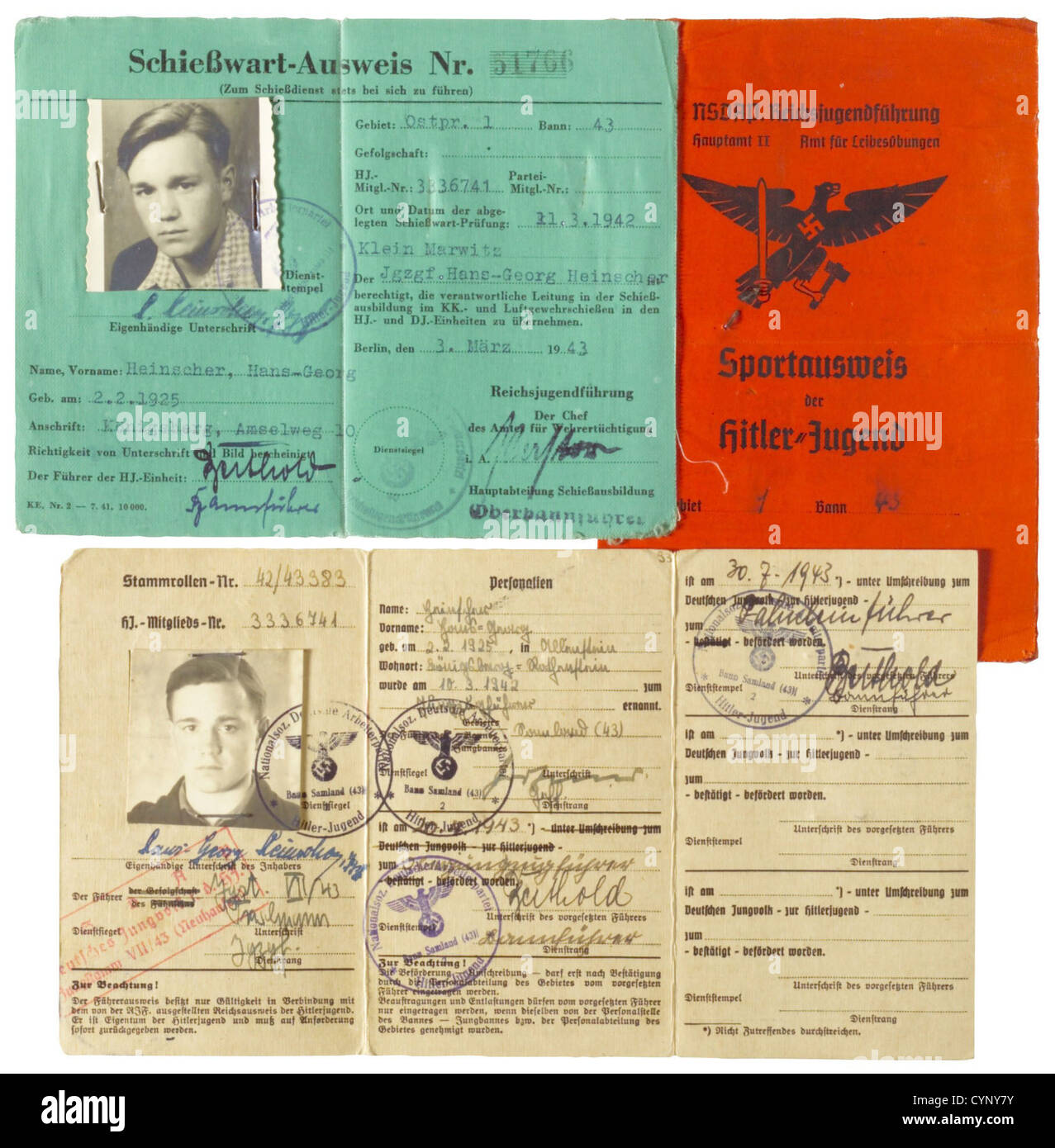 Hitler Youth / League of German Girls,German history,National Socialism,Nazism,historic,historical,several membership cards and certificates of a Hitler Youth boy from Koenigsberg,Bann 43,historic,historical,1930s,1930s,20th century,League of German Girls,Band of German Maidens,youth organization,youth organizations,NS,National Socialism,Nazism,Third Reich,German Reich,Germany,National Socialist,Nazi,Nazi period,utensil,piece of equipment,utensils,object,objects,stills,clipping,clippings,cut out,cut-out,cut-outs,documents,d,Additional-Rights-Clearences-Not Available Stock Photo