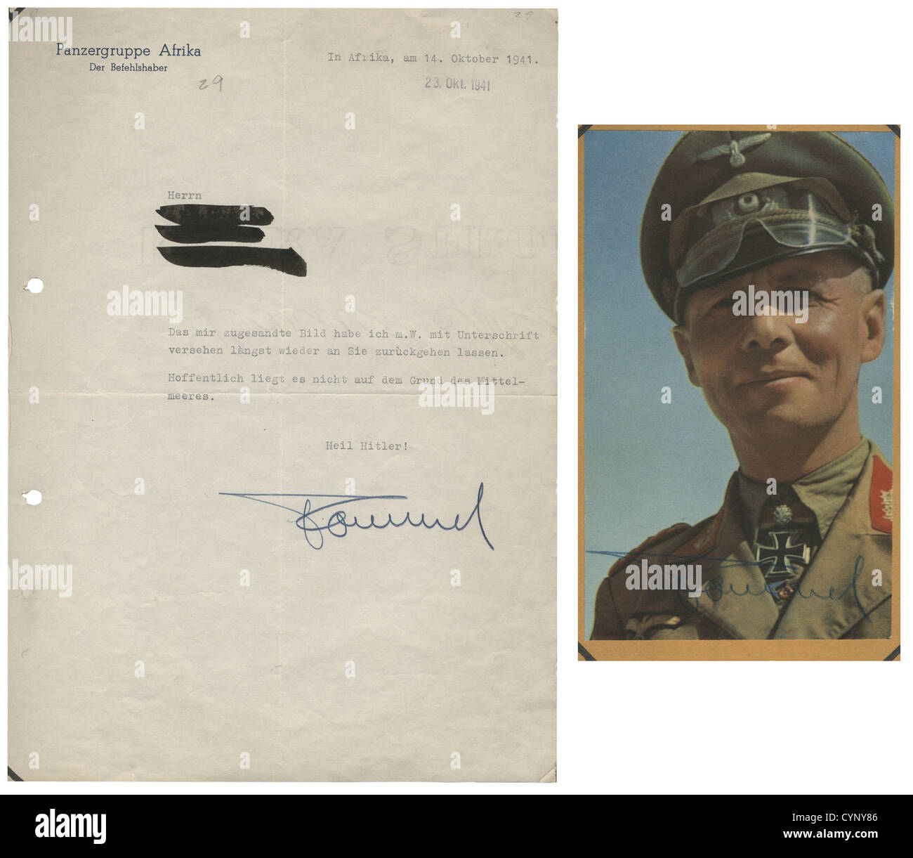 autographs, Erwin Rommel, letter and portrait, heading 'Panzergruppe Afrika - Der Befehlshaber', 14.10.1941, Second World War, North Africa, signature, text: 'The picture your sent I signed and returned long ago. Hopefully it is not recumbing on the botto of the Mediterranean Sea.' people, 1930s, 20th century, autograph, autographs, documents, document, written, signature, signatures, NS, National Socialism, Nazism, Third Reich, German Reich, Germany, object, objects, stills, clipping, clippings, cut out, cut-out, cut-outs, man, men, male, Stock Photo