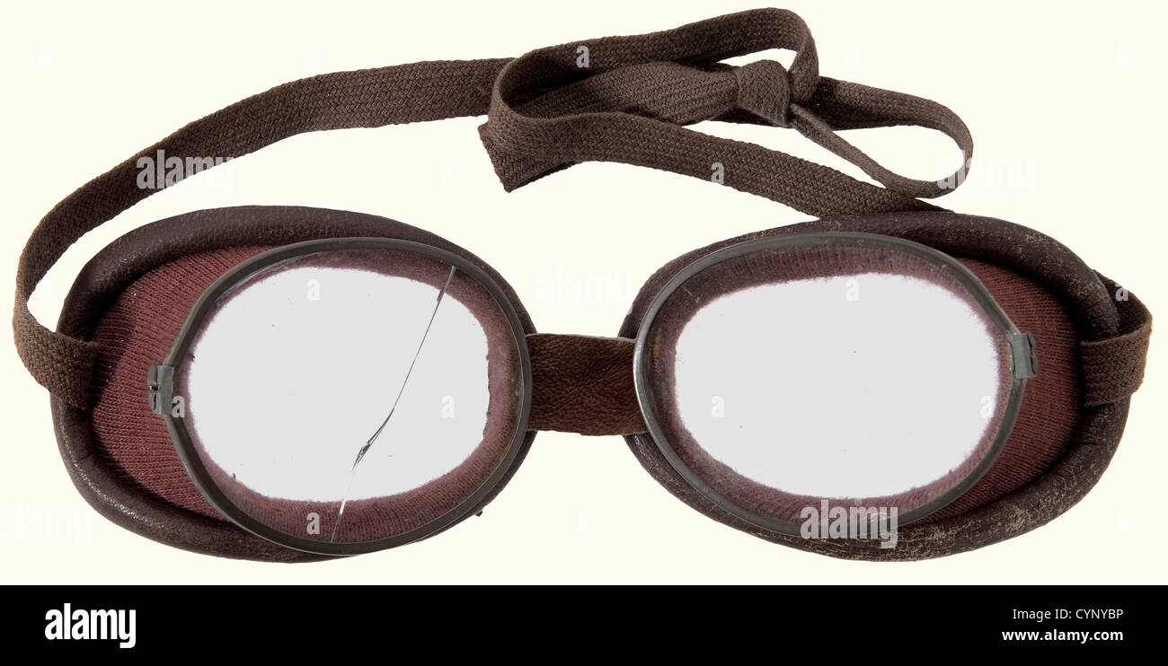 military, Germany, air force, equipment, goggles for pilots, lether covered frame, feathered adjusted glasses, textile side protection and rubber band, circa 1940, historic, historical, no-people, Wehrmacht, Luftwaffe, Second World War, WWII, aerial warfare, 20th century, 1930s, 1930s, 20th century, troop, troops, armed forces, military, militaria, army, wing, group, air force, air forces, object, objects, stills, clipping, clippings, cut out, cut-out, cut-outs, Additional-Rights-Clearences-Not Available Stock Photo