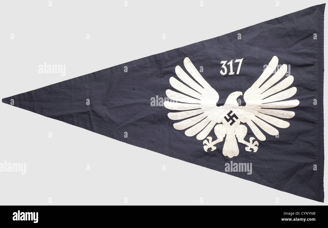 A pennant from the 'Young Girl's League' of the Hitler Youth,of Untergau 317 Ludwigshafen on Rhine. Black with a cream coloured eagle in high quality embroidery on both sides. Dimensions ca. 75 x 125 cm. Without attachment rings,historic,historical,1930s,1930s,20th century,League of German Girls,Band of German Maidens,youth organization,youth organizations,NS,National Socialism,Nazism,Third Reich,German Reich,Germany,National Socialist,Nazi,Nazi period,utensil,piece of equipment,utensils,object,objects,stills,clipping,clippings,cut o,Additional-Rights-Clearences-Not Available Stock Photo