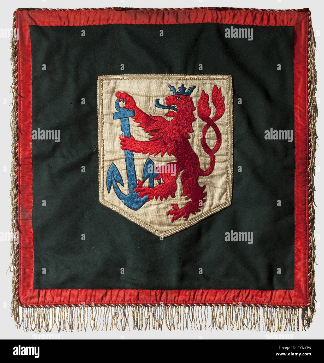 A trumpet cloth,of Artillery Regiment 26 with three-sided gold fringe. The obverse of red silk(damaged)with gold-embroidered regimental cipher within an oak leaf wreath,in each lower corner a gold-embroidered eagle. The reverse with the embroidered Düsseldorf coat of arms on a black background with doubled exterior border of red braid and black-white-red cording. Four leather attachment loops. One small moth hole. Dimensions ca. 48 x 49 cm,historic,historical,1930s,1930s,20th century,artillery,branch of service,branches of service,armed service,ar,Additional-Rights-Clearences-Not Available Stock Photo