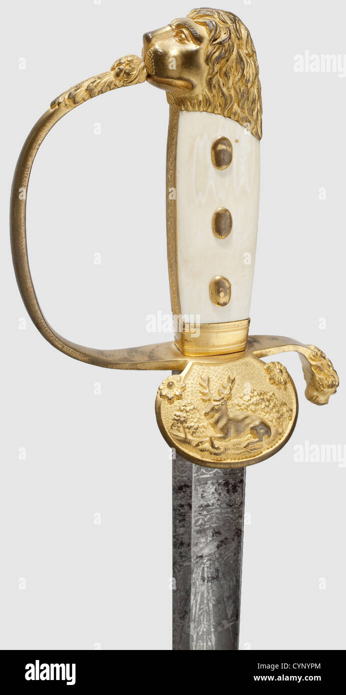 A courtly hunting hanger,Reign of Grand Duke Ludwig III(1848 - 1877). Straight,single-edged blade with rich trophy etching,showing the crowned cipher 'L' on one,and a likewise crowned coat of arms on the other face. Gilt brass knuckle-bow hilt in fine relief,a resting deer on the guard shell,lion's head pommel,riveted ivory grip scales. Leather scabbard with by-knife and gilt brass fittings. Gilding somewhat rubbed. Length 62 cm,historic,historical,19th century,Hesse-Darmstadt,German,Germany,weapons,arms,weapon,arm,militaria,utensil,piece o,Additional-Rights-Clearences-Not Available Stock Photo