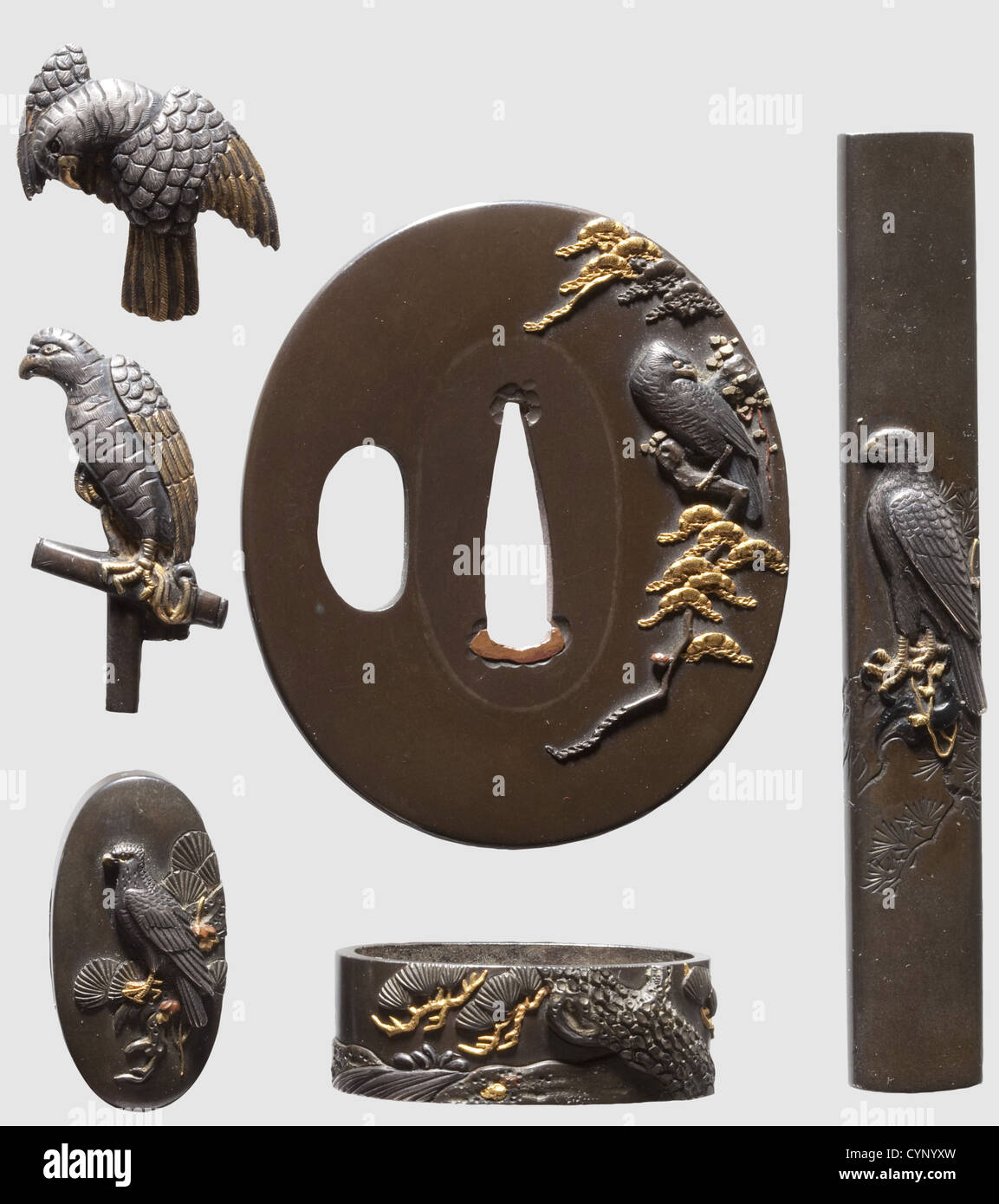A kodogu,Japan,late Edo period. Set of sword fittings of shibuichi,consisting of tsuba,fuchi and kashira,menuki,and kozuka. All parts bearing the colour image of a hawk in high relief(takabori). The details with vivid gold and silver inlays. Tsuba mumei,fuchi inscribed 'Tsunenao',the kozuka 'Ganshoshi Nagatsune'. In a wooden transportation box. Diameter of tsuba 6.4 cm,length of the kozuka 9.6 cm,historic,historical,19th century,Japanese,Asian,Asia,Far East,object,objects,stills,clipping,clippings,cut out,cut-out,cut-outs,fine arts,ar,Additional-Rights-Clearences-Not Available Stock Photo
