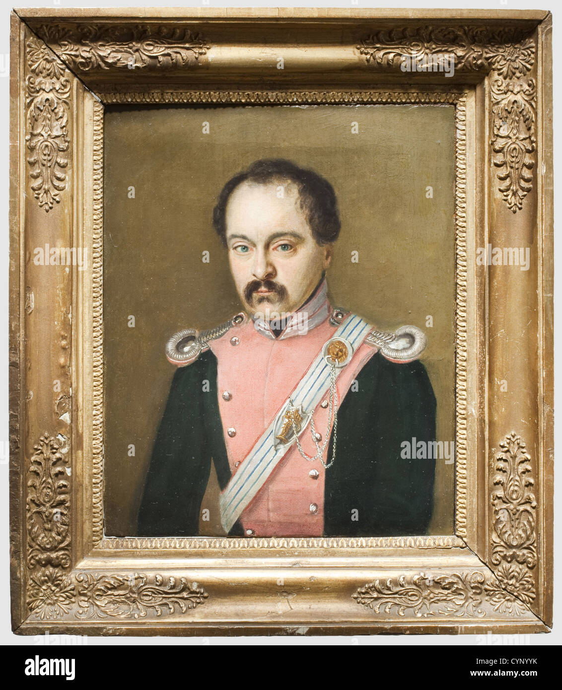 F.X. Mandl (1800 - ?) - a portrait of J. v. Maffei, Oil on canvas, dimensions 21 x 26 cm. Half portrait of the First Lieutenant Johann von Maffei wearing the uniform of the 6th Chevauleger Regiment Herzog von Leuchtenberg, 1837. Signed on the canvas on the reverse side 'X. Mandl p. 1837'. In an old, golden plaster frame. The painter Franz Xaver Mandl from Salzburg studied in Munich and was later working as a portraitist in Bamberg. Excellent quality, very interesting respective the uniform, people, 19th century, Bavaria, Bavarian, German, Germany, Southern Germ, Stock Photo