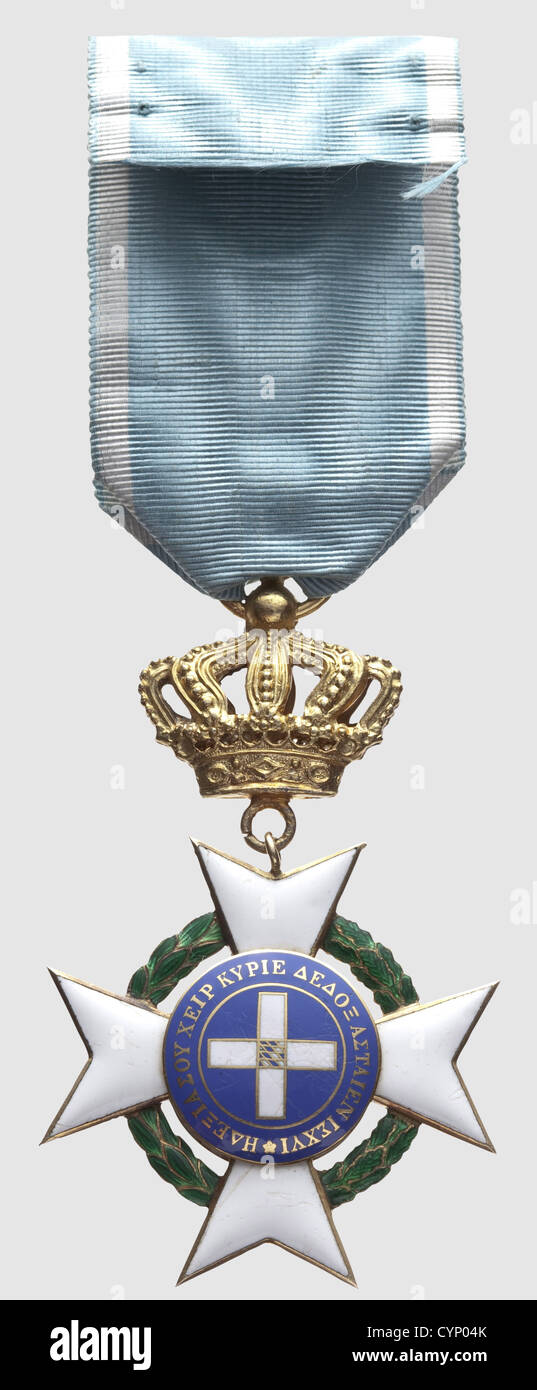 Order of the Redeemer, 1st model, Golden Knight's Cross. Gold, enamel, the crown gilt (supplemented). Weight 19.3 g, with ribbon (Zei 885), historic, historical, 19th century, medal, decoration, medals, decorations, badge of honour, badge of honor, badges of honour, badges of honor, object, objects, stills, clipping, clippings, cut out, cut-out, cut-outs, Additional-Rights-Clearences-Not Available Stock Photo