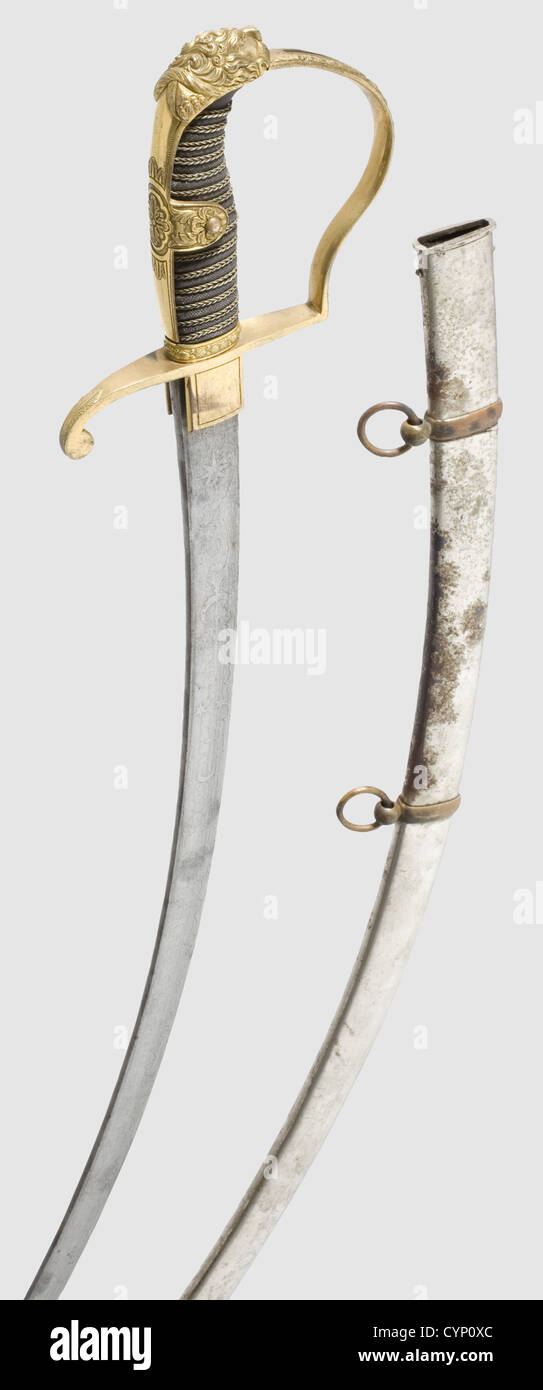 A sabre for officers,Heavily curved,single-edged blade of Damascus steel,both faces bear a weakly discernible trophy etching. Gilt brass knuckle-bow hilt worked in relief,the pommel cap shaped like a leopard's head. The grip covered with ray skin with brass wire winding. Nickel-plated scabbard with brass carrying ring. The blade somewhat spotty and nicked,the scabbard stained. Length 95 cm,historic,historical,19th century,Prussian,Prussia,German,Germany,militaria,military,object,objects,stills,clipping,clippings,cut out,cut-out,cut-outs,t,Additional-Rights-Clearences-Not Available Stock Photo