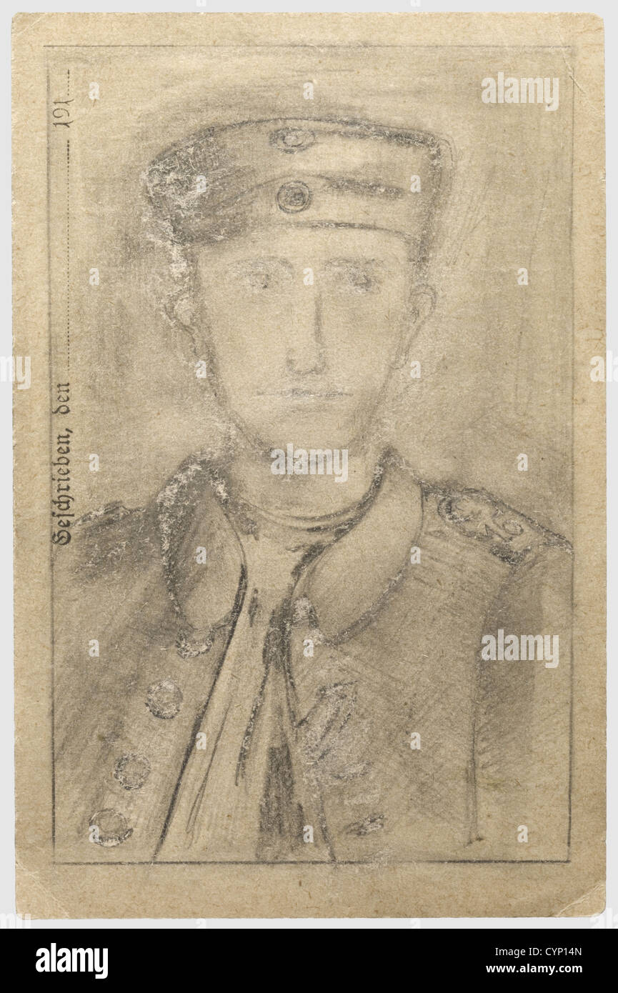 Anny Winter/Adolf Hitler - a portrait of his comrade Ernst Schmidt 1916, Drawn in pencil on a field postcard the portrait of Schmidt in the uniform of the R.I.R. 16, the drawing slightly worn and therefore blurred. The front unsigned, the fields for sender and receiver on the back filled out by Hitler's hand 'Private Ernst Schmidt - 16. Bav. Res. I. Regt. - Regt. Staff' an fine arts, people, 1910s, 20th century, NS, National Socialism, Nazism, Third Reich, German Reich, Germany, German, National Socialist, Nazi, Nazi period, fascism, object, objects, , Artist's Copyright has not to be cleared Stock Photo