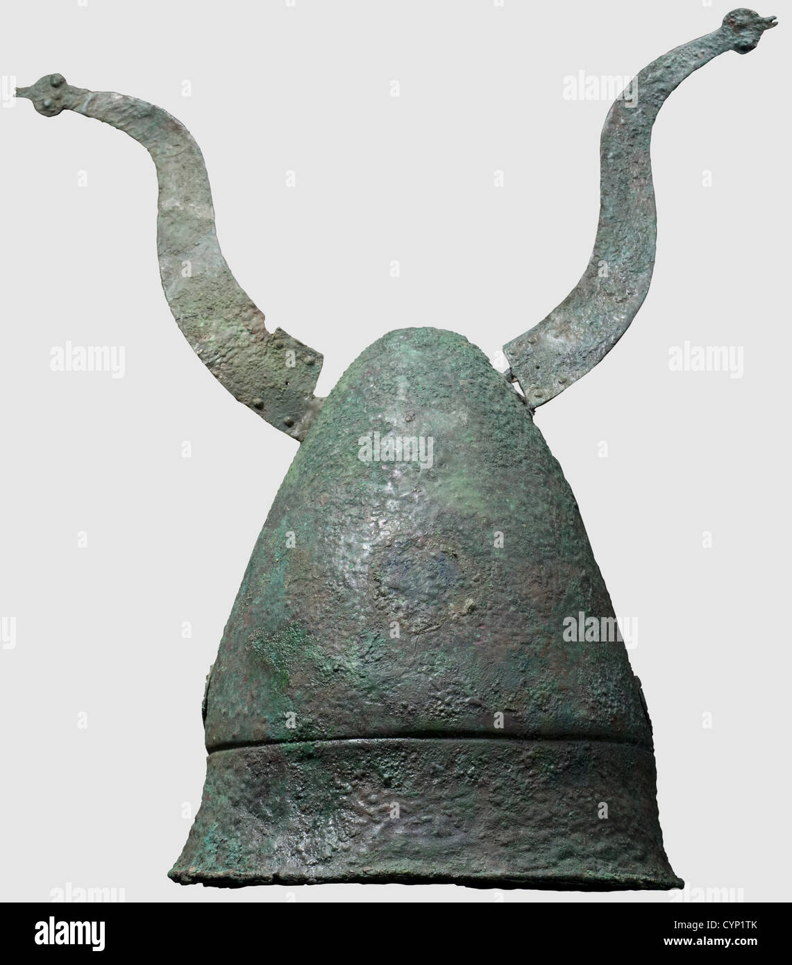 A Samnite warrior's armour consisting of a Pilos type helmet,armour and greaves,4th/3rd century B.C. Bronze. Pilos type helmet with a high conical skull and a broad offset rim. A large imprint of a lost application on the forehead. The crown of the skull pierced for the attachment of a forked crest holder,flanked by two riveted,S-shaped curved horns of sheet bronze,terminating in stylised snake heads. Small wheel applications as decorative elements to historic,historical,ancient world,ancient world,ancient times,object,objects,stills,clipping,cut ,Additional-Rights-Clearences-Not Available Stock Photo