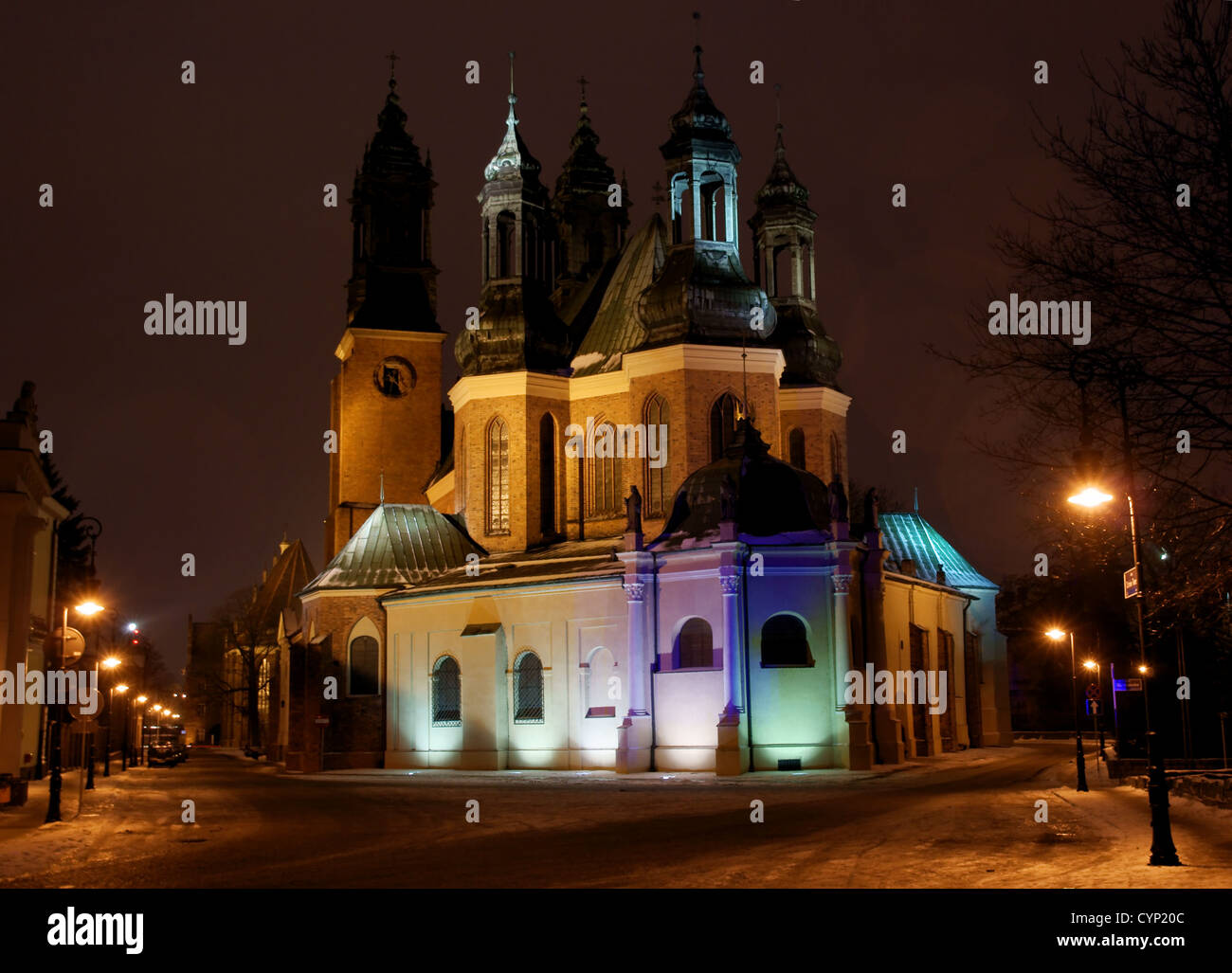 Archicathedral Basilica in Poznan by night, Poland Stock Photo