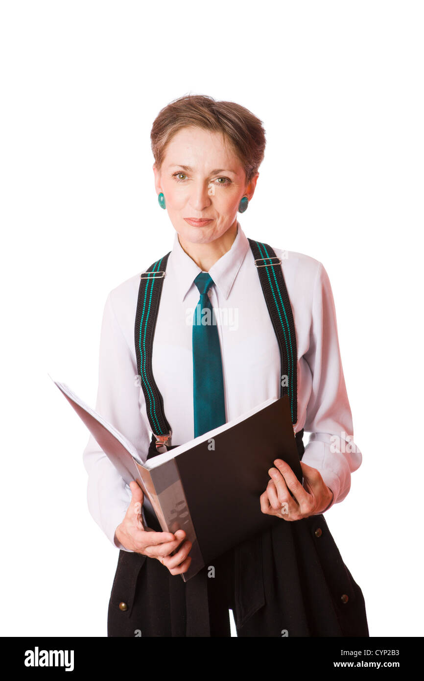 Portrait of Business woman holding folder isolated on white Stock Photo ...