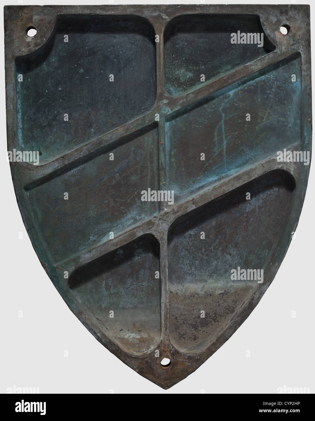 A gun turret plaque,of one of the triple turrets of the armoured cruiser 'Graf Spee'. Relief bronze cast of Admiral Scheer's coat of arms: a shield divided per bend,or and sable(black and yellow),the bend bearing the inscription 'Skagerrak'. The plaque was removed from the gun turret at the begin of the war and was given to Commander Patzig as a present. Dimensions 60 x 73 cm. The only gun turret plaque known of today,historic,historical,1930s,1930s,20th century,navy,naval forces,military,militaria,branch of service,branches of service,armed for,Additional-Rights-Clearences-Not Available Stock Photo