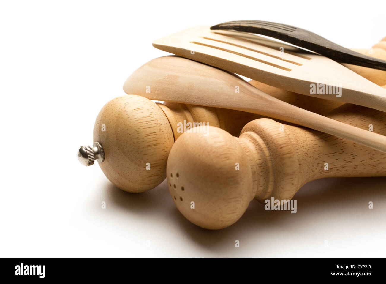 Wooden salt and pepper set with kitchen utensils Stock Photo Alamy