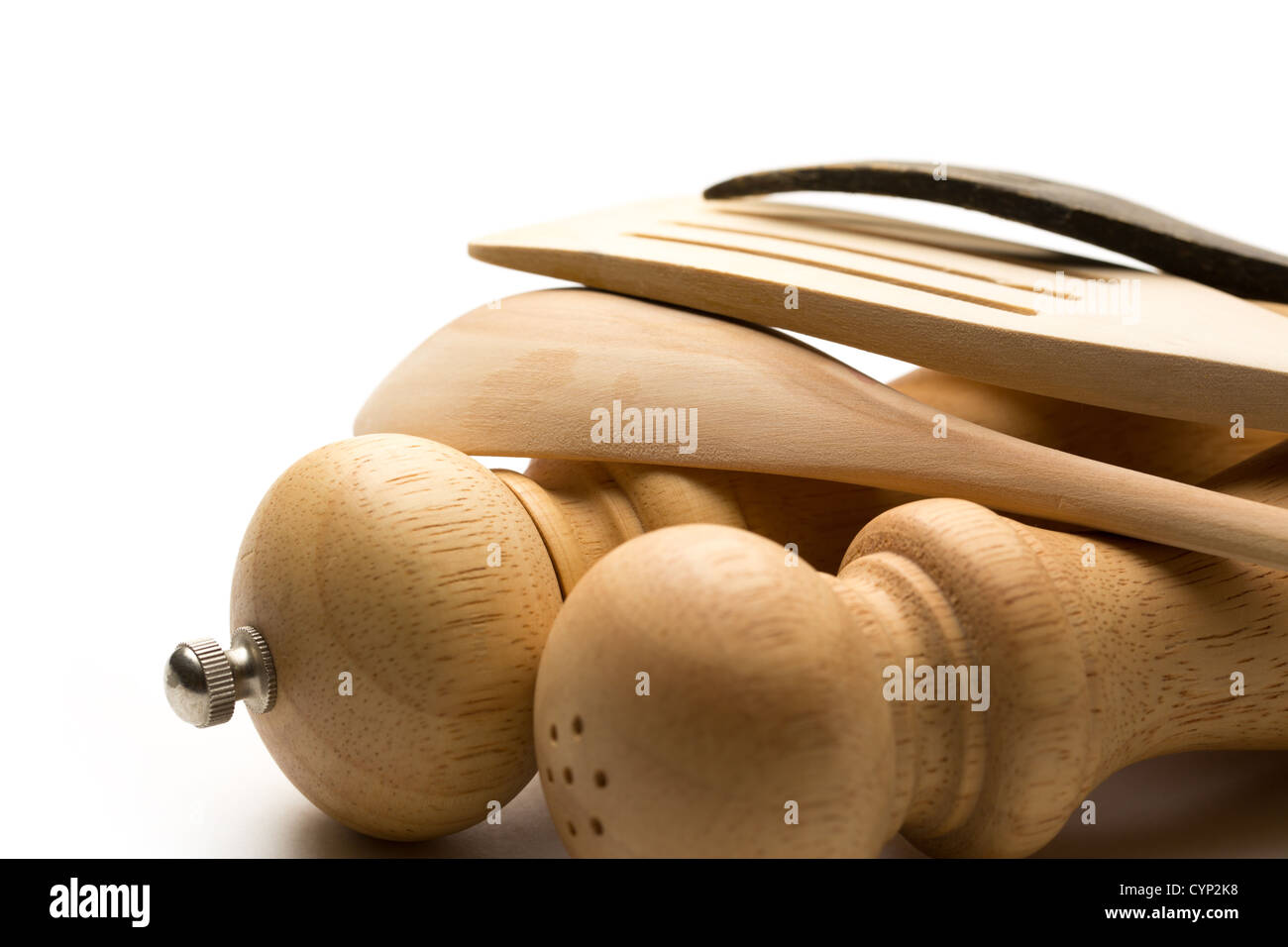 Wooden salt and pepper set with kitchen utensils Stock Photo Alamy