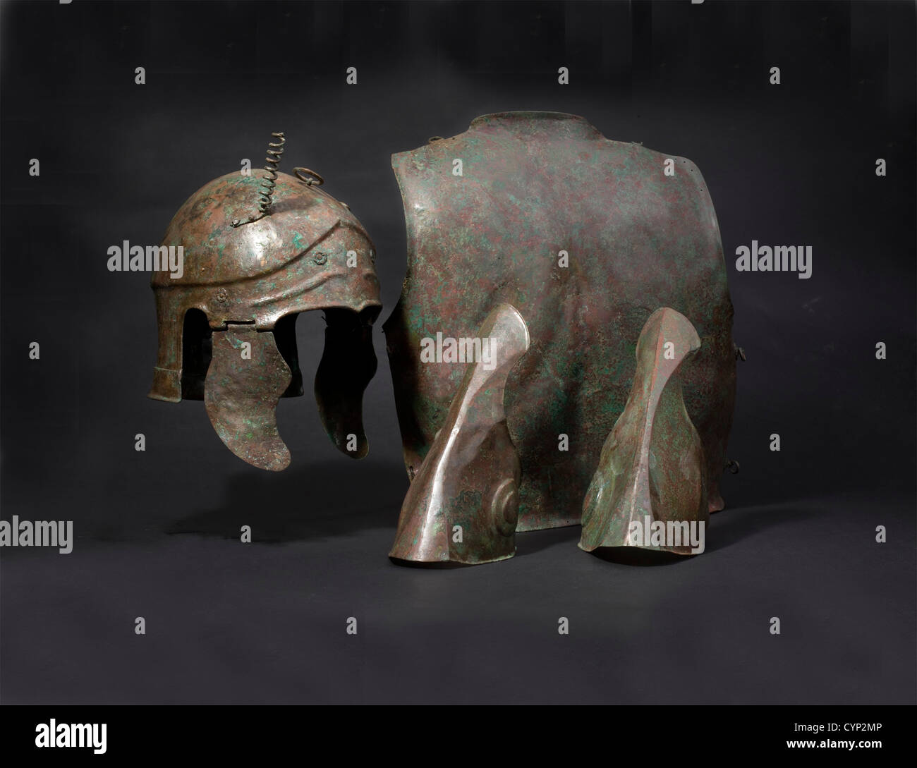 A Greek armour with a Chalcidian helmet, 4th century B.C. Bronze Stock