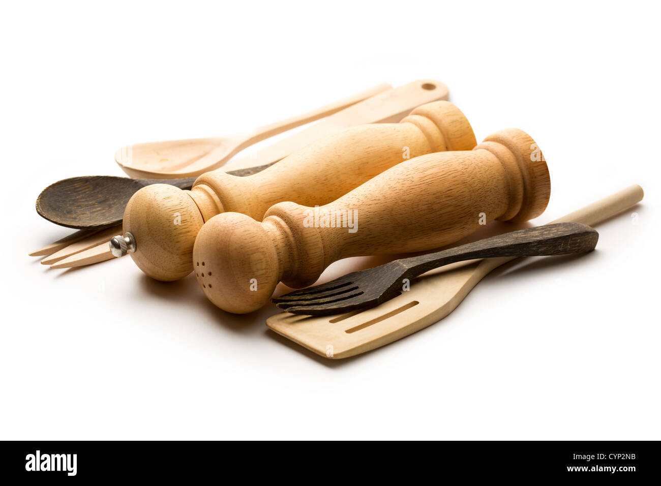Wooden salt and pepper set with kitchen utensils Stock Photo Alamy