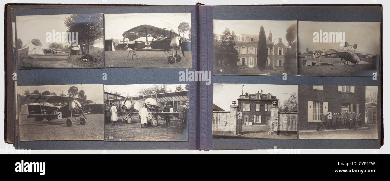 A photo album, of Lieutenant Kammetz from the FA 207. 203 photos in various sizes, a considerable number of them showing aircraft and accidents, unfortunately no titles or descriptions. Very interesting. Dimensions 25 x 32 cm, album spine enclosed, torn off, historic, historical, people, 1910s, 20th century, troop, troops, armed forces, military, militaria, army, wing, group, air force, air forces, object, objects, stills, clipping, clippings, cut out, cut-out, cut-outs, Additional-Rights-Clearences-Not Available Stock Photo