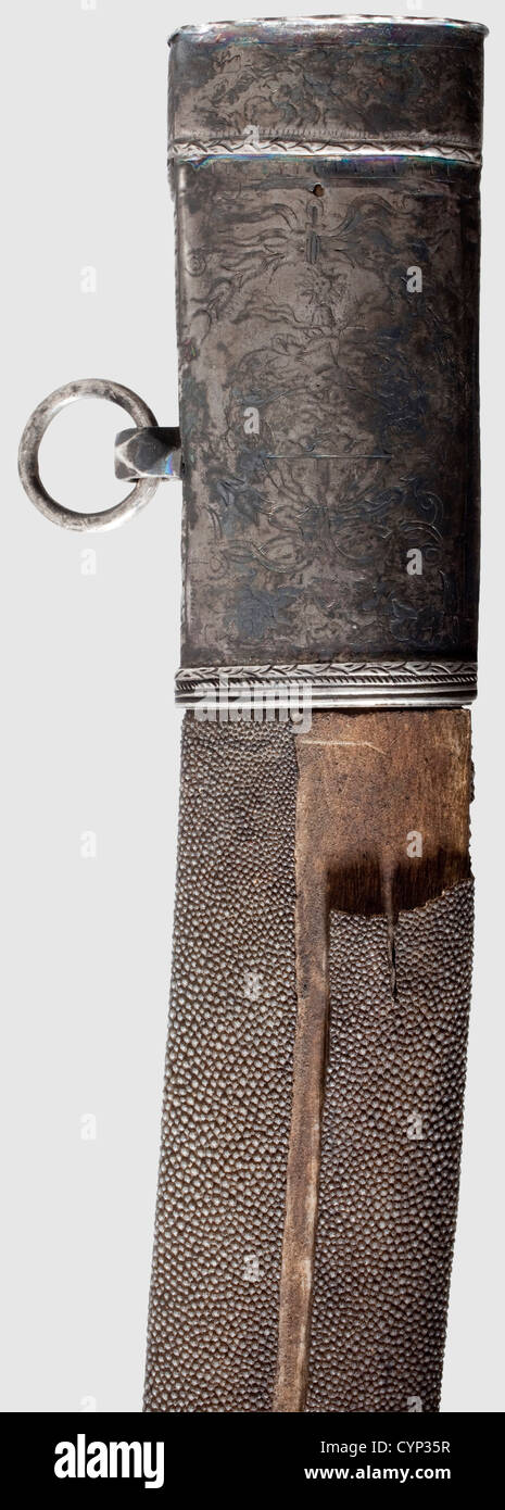 A sabre scabbard with renaissance mounts,18th century,the mounts ca.1540.Slightly curved wooden scabbard with beautifully pearled ray skin cover.The silver mounts with rich low-relief decoration on the front facing side,the back finely engraved.The front of the chape depicts the Idolatry of Salomon and Judith with the Head of Holofernes beneath,the back side shows Bathsheba Bathing with Samson fighting the Lion beneath.The front of the locket with the Judgement of Solomon and a Latin aphorism above,the back features a finely engraved arms surrounded b,Additional-Rights-Clearences-Not Available Stock Photo