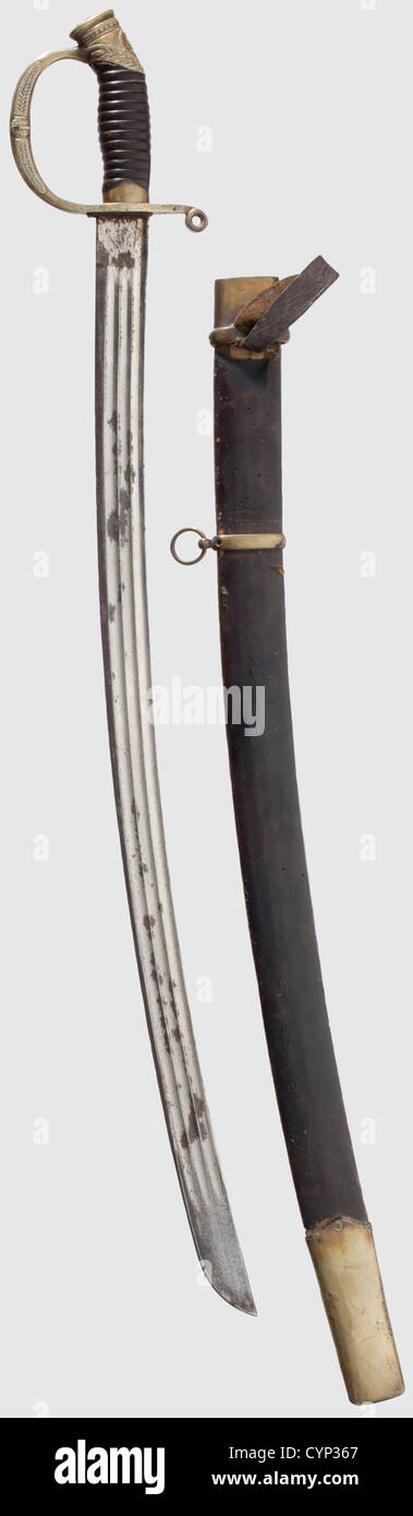 An officer's shashqa model 1909 with applied order of St. Anne,awarded for bravery. Nickel-plated,single-edged blade(rust stains)with three supplemental grooves. On the ricasso the maker's mark 'F. Fichte Solingen'. The bow engraved on both sides with Cyrillic inscription 'For Bravery'. Brass hilt with cipher 'N II' and applied enamelled Order of St. Anne(chipped). Fluted plastic grip,leather-covered wooden scabbard(worm-holed)with brass fittings(loosened). Length 91 cm,historic,historical,1900s,20th century,thrusting,thrustings,blade,blades,m,Additional-Rights-Clearences-Not Available Stock Photo