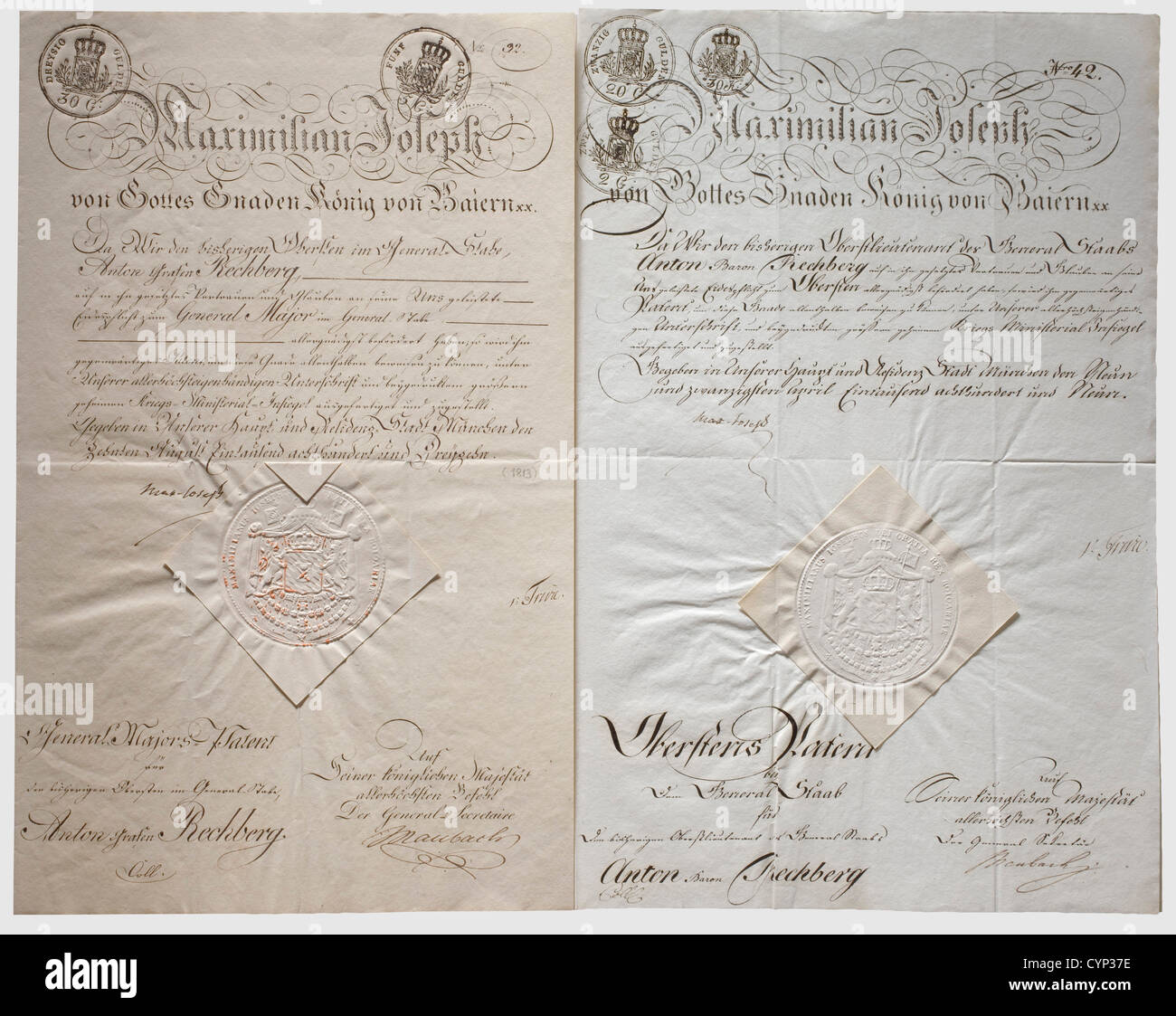 A documents group of General Anton Graf Rechberg,Patents to Oberstleutnant 1808,to Oberst 1809,to Generalmajor 1813 and to Generalleutnant 1824. All documents with paper seal and signature of King Max-Joseph,three are also signed by War Minister Triva. Also,a handwritten 1818 letter from Triva regarding appointment to Adjutant General of Cavalry,a staffing notice and a tax document 1824. In very beautiful condition,historic,historical,19th century,Bavaria,Bavarian,German,Germany,Southern Germany,the South of Germany,object,objects,stills,mili,Additional-Rights-Clearences-Not Available Stock Photo