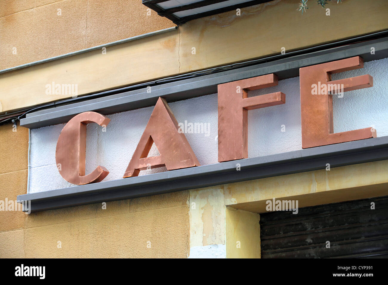 Cafe, lettering in art deco style, business Madrid, Spain Stock Photo ...