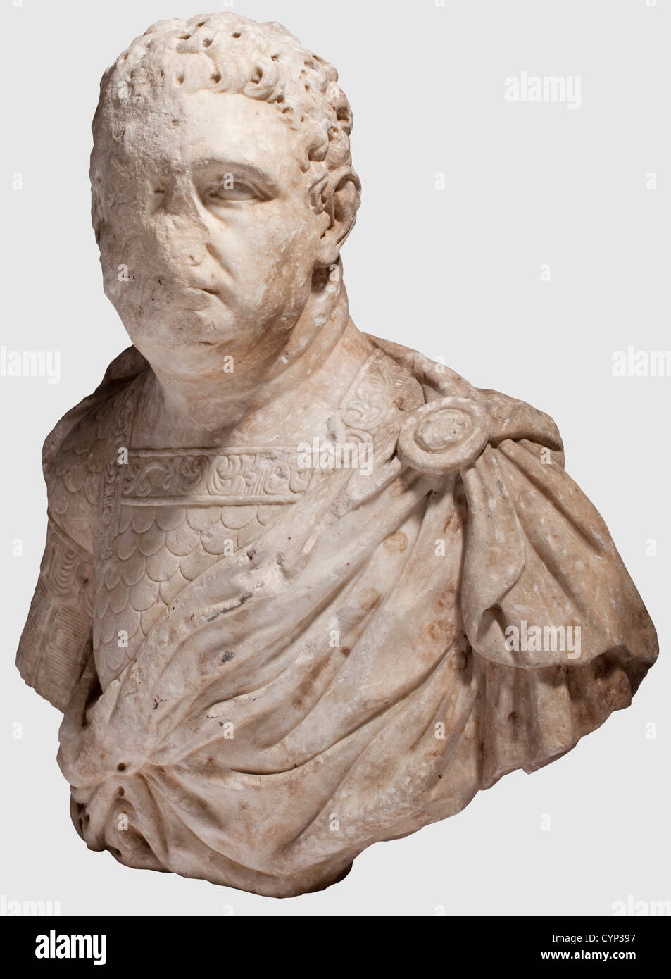 A large marble bust of Aulus Vitellius,of Roman style,baroque period.Portrayed in the typical left facing posture of the head,with scale armour and thrown over cloak.The right side of the face destroyed.Height 78 cm,width 78 cm.Aulus Vitellius was crowned Roman Emperor in April 69 A.D,the so called Year of the Four Emperors,on the 20th of December of that year he was already publicly displayed on the Gemonian stairs by Marcus Antonius Primus,who had him tortured to death,dragged through Rome on a hook and thrown into the Tiber.The biographer Sueton,Additional-Rights-Clearences-Not Available Stock Photo