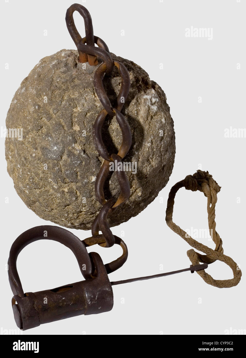 A heavy ball and chain, Austrian, ca. 1600. The strong forged iron chain consisting of five links, attached iron shackle lock with sliding key, the large limestone ball roughly worked. Diameter of the ball 22 cm. Rare, early forensic or inquisition instrument, historic, historical,, 17th century, instrument of torture, torture device, instruments of torture, torture devices, object, objects, stills, clipping, clippings, cut out, cut-out, cut-outs, Additional-Rights-Clearences-Not Available Stock Photo