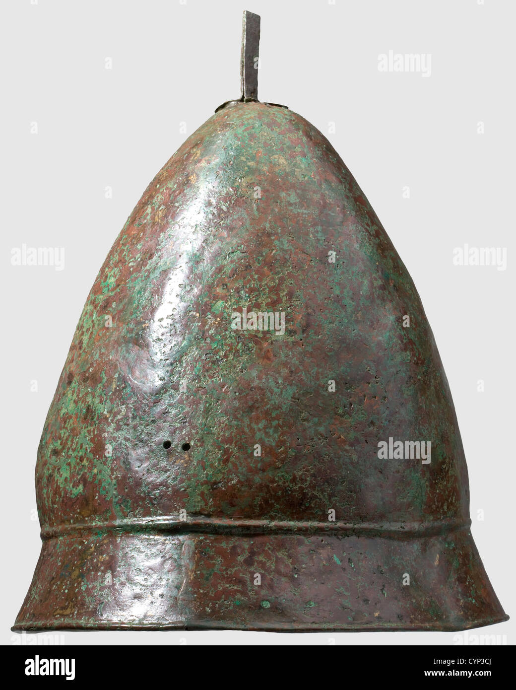 A bronze Pilos helmet, 4th century B.C. Tall, slightly bulging skull, the rim clearly offset by a bulge. Pairs of holes on the sides for fastening the chinstraps. Riveted plume holder on the flattened crown's apex. Height 29.5 cm. Reddish-brown to green patina, slightly deformed. The interior stabilised with fibreglass and resin. Restorations everywhere on the skull. Axel Guttmann Collection (AG 164), historic, historical, ancient world, ancient world, ancient times, object, objects, stills, clipping, cut out, cut-out, cut-outs, Additional-Rights-Clearences-Not Available Stock Photo