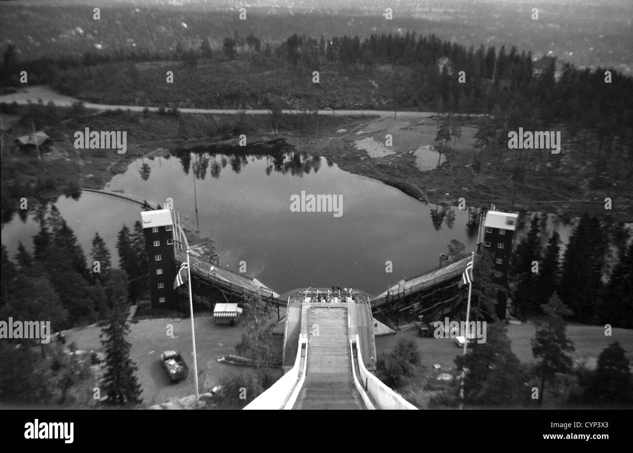 The view from the top of the Holmenkollen ski jump in Oslo, Norway, taken in 1958. Stock Photo