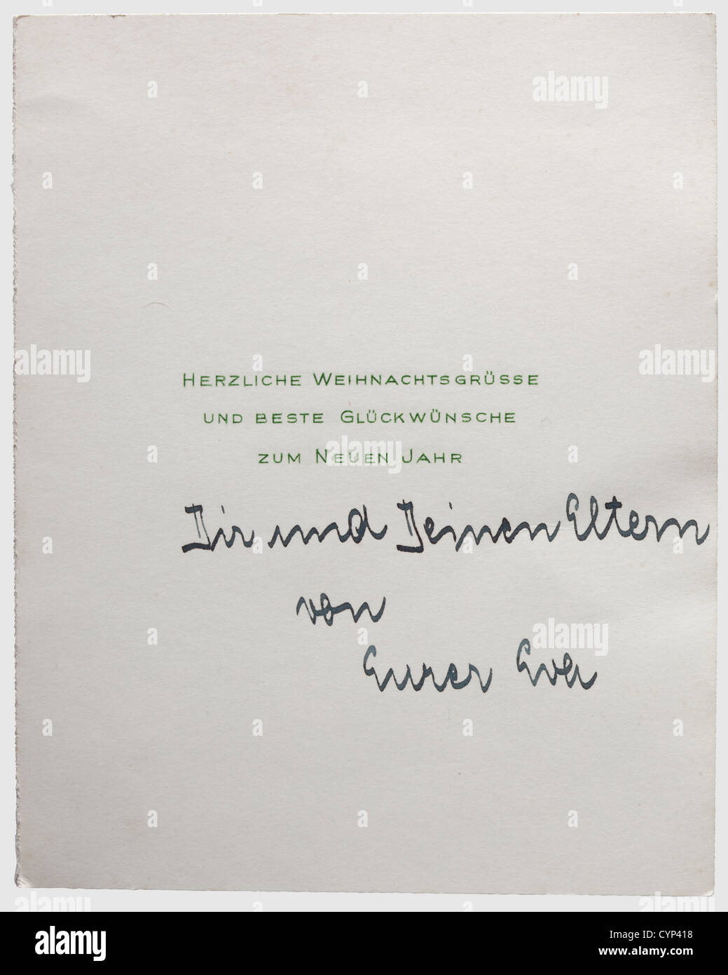 Eva Braun - a signed Christmas card,Printed,with polychrome Christmas design,the inside with pre-printed Season's Greetings and the handwritten ink note 'To you and your parents from your Eva'.The back with stains.Including a postcard of her older sister Ilse ca.1925/30 with the ink signature 'Ilse Braun',a picture postcard of the Braun family 1915 with greetings from mother Franziska to her parents.A picture postcard of the Braun family 1917 with greetings from father Fritz(at that time deputy inspector of the reserve military hospital in Lechfeld)to,Additional-Rights-Clearences-Not Available Stock Photo