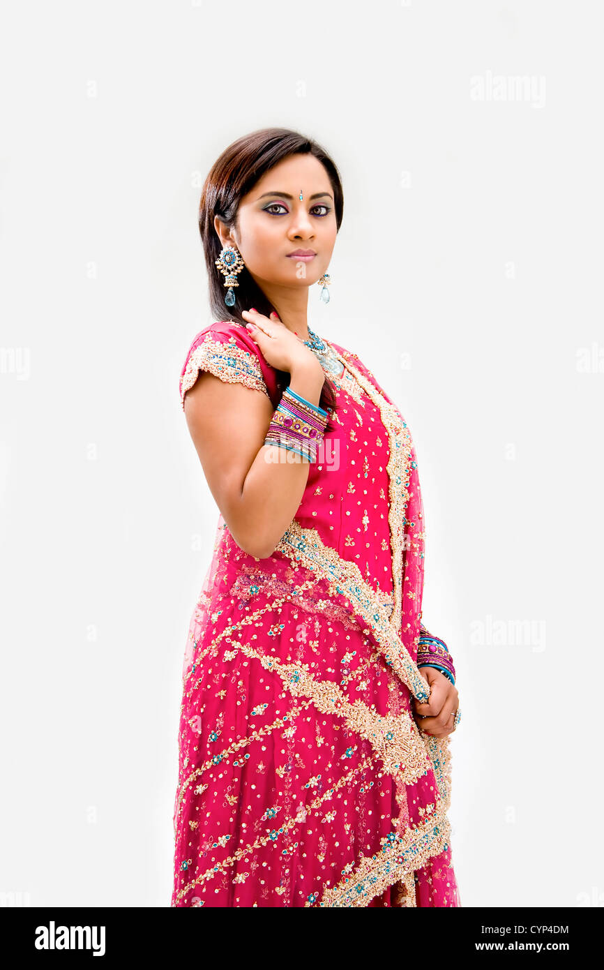Beautiful Bengali bride in colorful dress, isolated Stock Photo