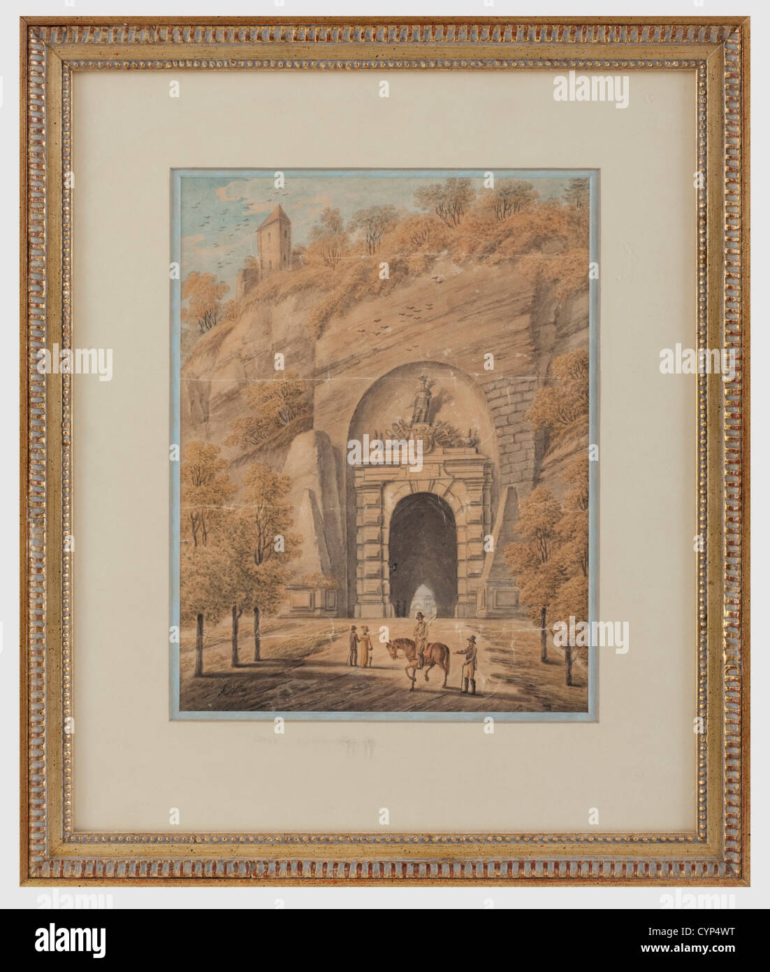 Adolf Hitler (ascribed to) - 'Mönchsbergtunnel in Salzburg', circa 1830/40. Watercolours on cardboard, signed on the lower left 'A. Hitler'. Folded several times. Mounted, with frame 59 x 50 cm. The architecture and perspective of the scene are accurately captured, the depicted figures are not as well executed. With an expertise by Peter Jahn dated Vienna, January 16, 1978. Provenance: Keith Wilson Collection, Kansas City. Keith Wilson bought this watercolour from an American Sergeant of the 101st Airborne Division, who had taken the painting from the, Artist's Copyright has not to be cleared Stock Photo