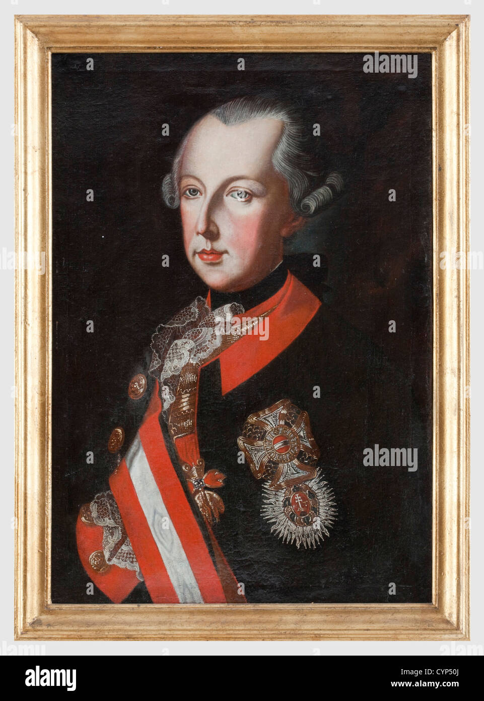 Kaiser Joseph II of Austria (1741 - 1790) - a bust portrait in uniform, circa 1765. Oil on canvas. Contemporary office portrait of the Kaiser in uniform with the Order of the Golden Fleece, the Military Order of Maria Theresia and the Order of Saint Stephen. Dimensions 64 x 44 cm, unsigned. Small, restorable tear and old mended tear. Newer frame, people, 18th century, Imperial, Austria, Austrian, Danube Monarchy, Empire, object, objects, stills, clipping, clippings, cut out, cut-out, cut-outs, painting, paintings, picture, pictures, illustrations, fine arts, ar, Stock Photo