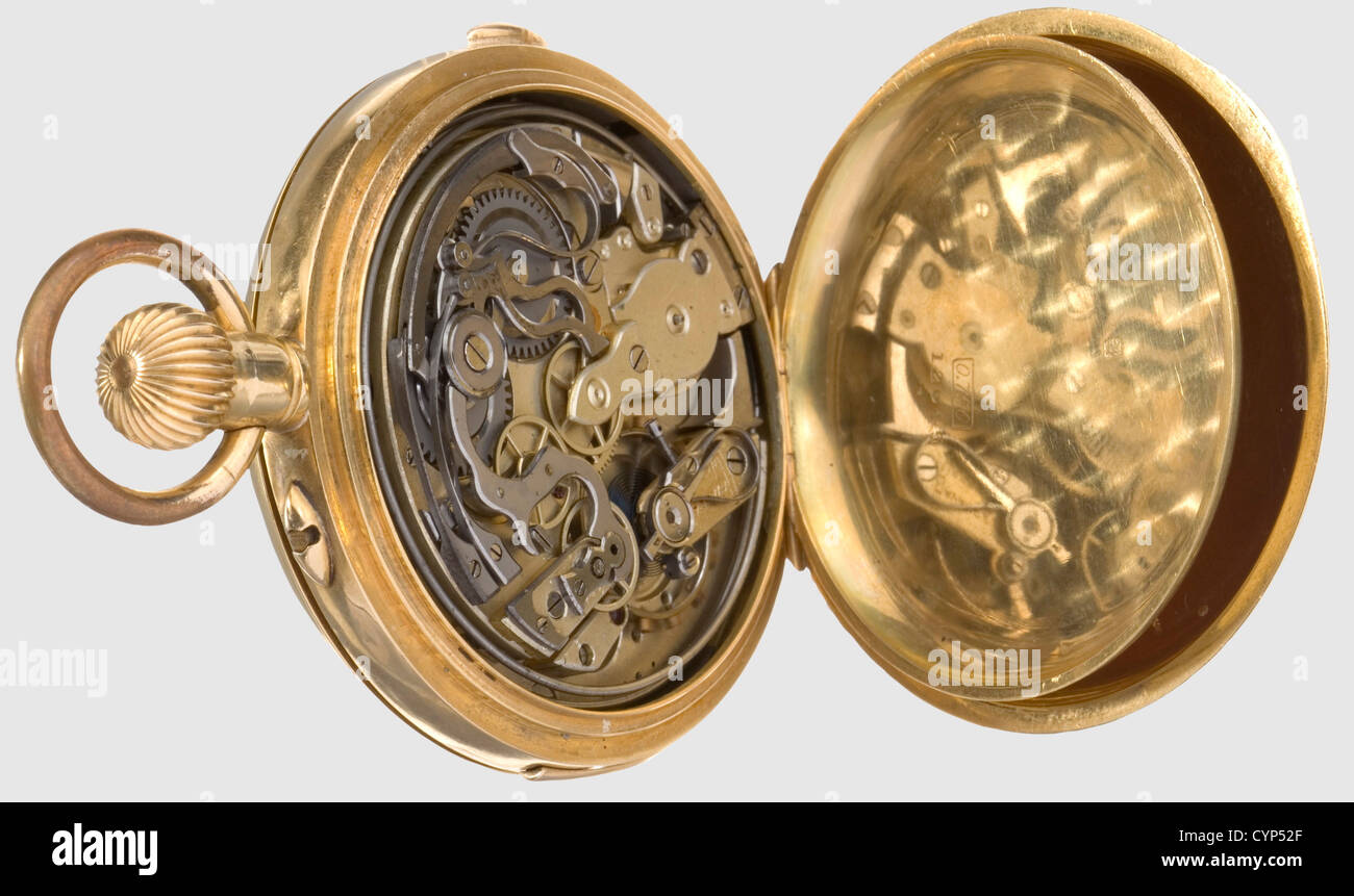 A pocket watch,presented to A. Hossein,Gold savonette with minute repetition and chronograph. The exterior of the hinged lid with the Arabic engraving 'His Excellency' and the name 'A. Hossein' in Latin letters under crown with the Arabic date '1326'(= 1908). White enamel dial(hairline cracks)with Roman numerals,blued hands,and a large,gold coloured chronograph hand. Unnumbered gilt escapement with goose-neck fine adjustment,blued Breguet spiral with screw balance,and a two bell chime released by a side lever between the numerals VI and VII. The chron,Additional-Rights-Clearences-Not Available Stock Photo