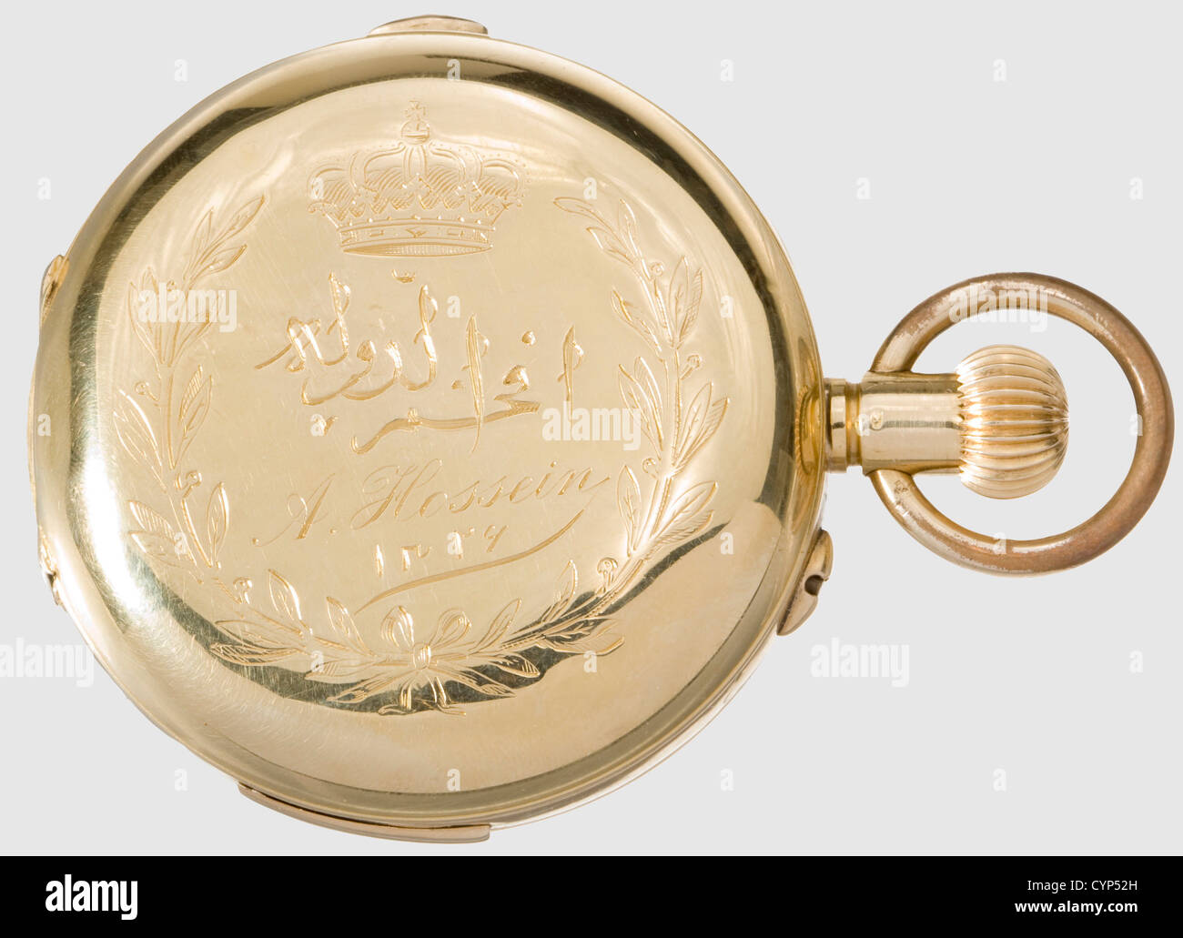 A pocket watch,presented to A. Hossein,Gold savonette with minute repetition and chronograph. The exterior of the hinged lid with the Arabic engraving 'His Excellency' and the name 'A. Hossein' in Latin letters under crown with the Arabic date '1326'(= 1908). White enamel dial(hairline cracks)with Roman numerals,blued hands,and a large,gold coloured chronograph hand. Unnumbered gilt escapement with goose-neck fine adjustment,blued Breguet spiral with screw balance,and a two bell chime released by a side lever between the numerals VI and VII. The chron,Additional-Rights-Clearences-Not Available Stock Photo
