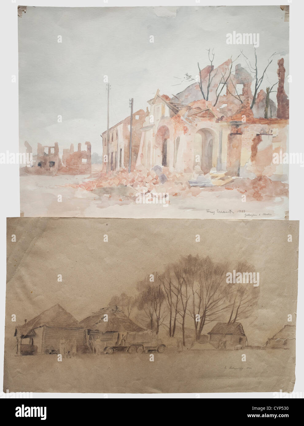 Franz Eichhorst(1885 - 1948)- twelve watercolours and drawings,Watercolour on cardboard depicting destroyed houses in Zakroczym,Poland. Signed,dated,and titled on the lower right 'Franz Eichhorst 1939,Zakrokczym b. Modlin'. The corners with slight remains of glue. 31.5 x 38 cm. The other paintings portraying scenes from the Russian Campaign,a watercolour of a destroyed Russian tank with detailed size specifications,one of a burning town,one titled 'Minsk',fighting near Stalingrad,German soldiers in a Russian village,studies,a monastery,and a dest,Additional-Rights-Clearences-Not Available Stock Photo