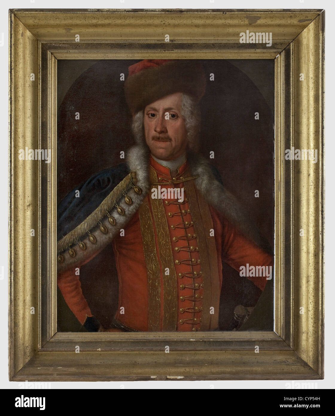 A half portrait of an officer, of the Hussar Regiment No. 2, before 1743. Oil on canvas, picture size 58 x 74 cm, previously probably in an oval frame, unsigned, undated. On the back later labelled 'Hans Joachim von Zieten Königl. preuß. Major' and 'I. Krügel accad pinx 1737'. In an old, simple gilt frame. The picture at hand is one of the earliest portraits of a member of the Life Hussar Regiment and can be dated between 1735 and 1743. The picture is published in 'Altpreußische Offiziersporträts, Studien aus dem Nachlass Hans Bleckwenn', B.R. Kroener, Artist's Copyright has not to be cleared Stock Photo